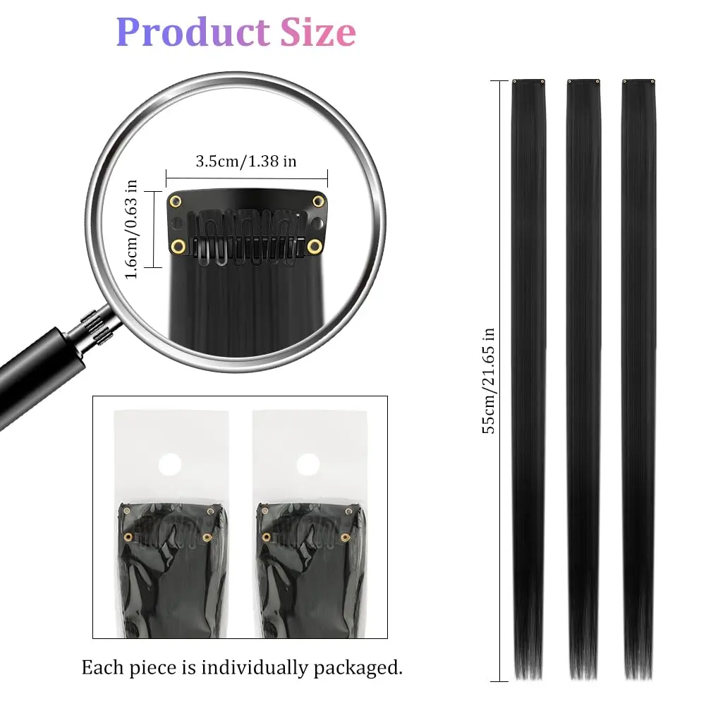This 16 piece black clip in hair extension set provides 55cm of heat resistant synthetic hair for creating unique hairstyles for parties, cosplay, or daily wear.
