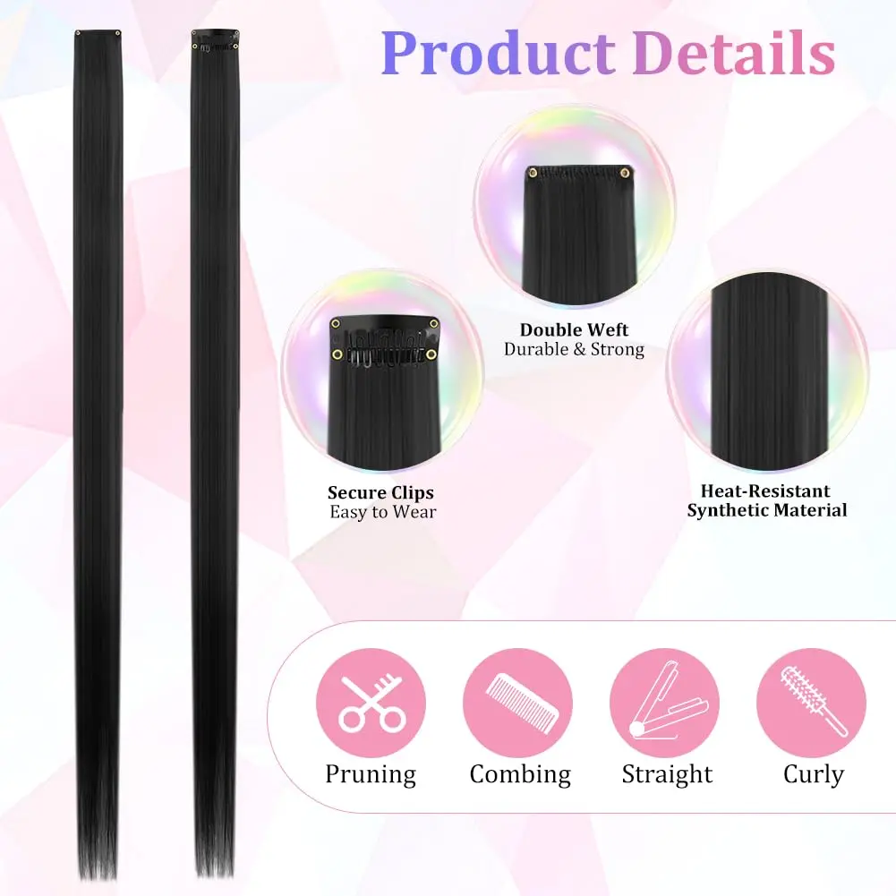 This 16 piece black clip in hair extension set provides 55cm of heat resistant synthetic hair for creating unique hairstyles for parties, cosplay, or daily wear.