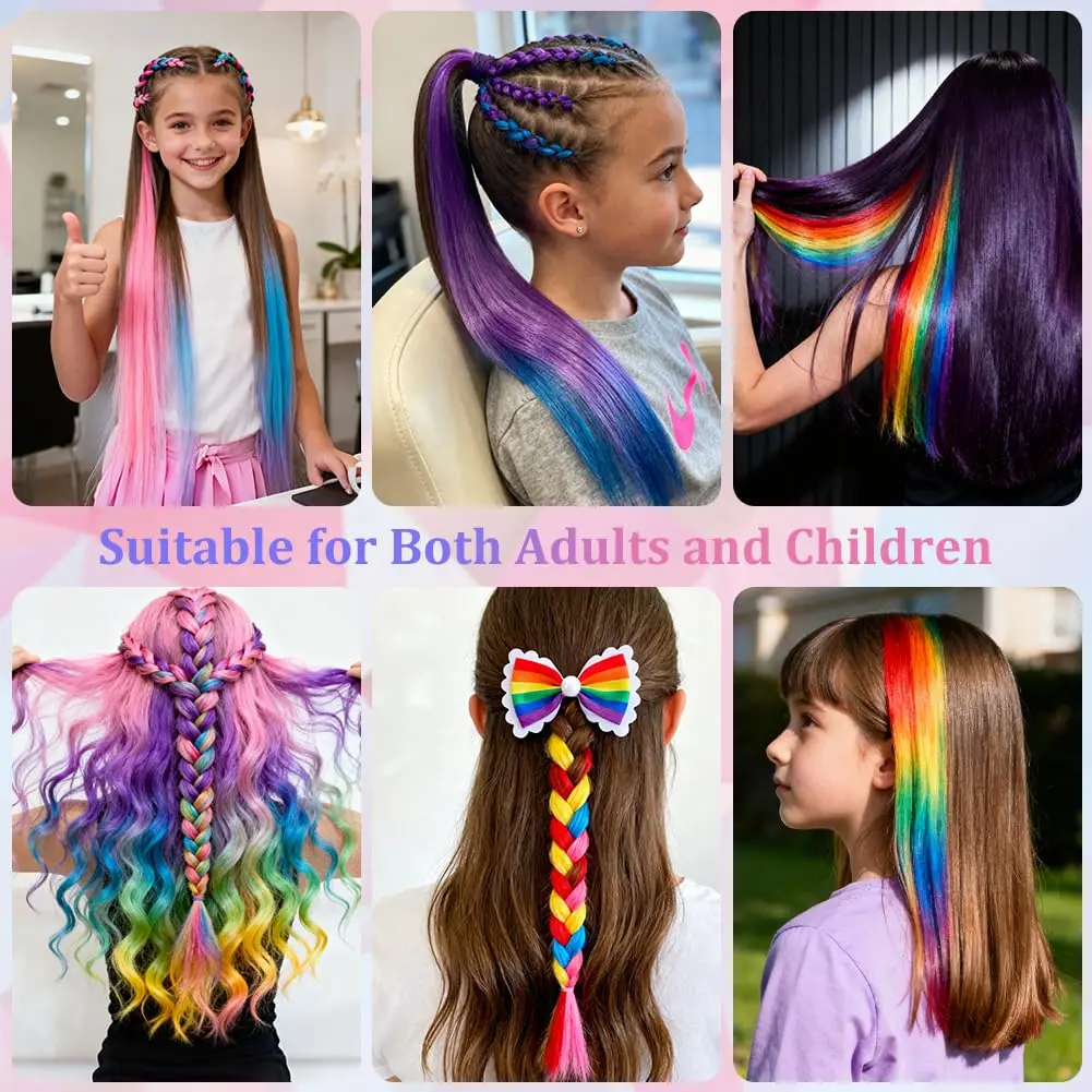 This 16 piece black clip in hair extension set provides 55cm of heat resistant synthetic hair for creating unique hairstyles for parties, cosplay, or daily wear.