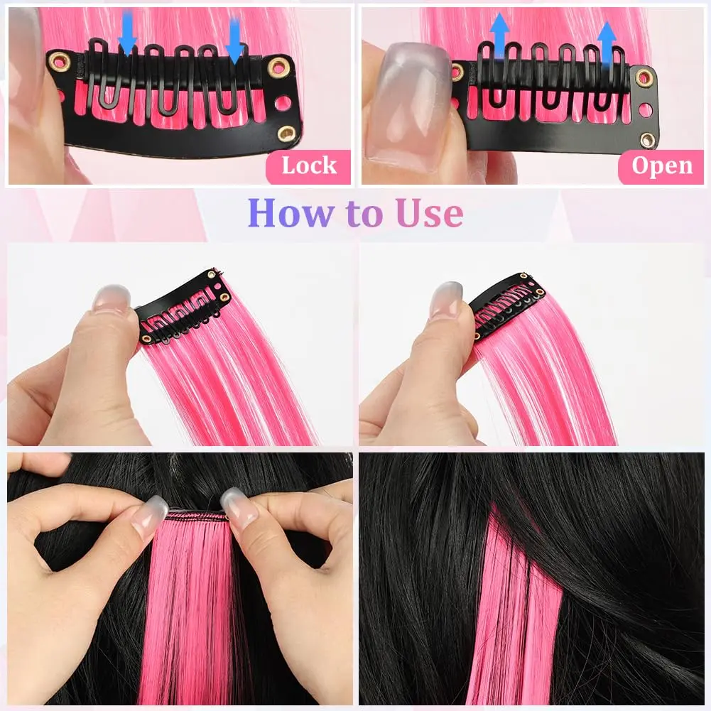 This 16 piece black clip in hair extension set provides 55cm of heat resistant synthetic hair for creating unique hairstyles for parties, cosplay, or daily wear.