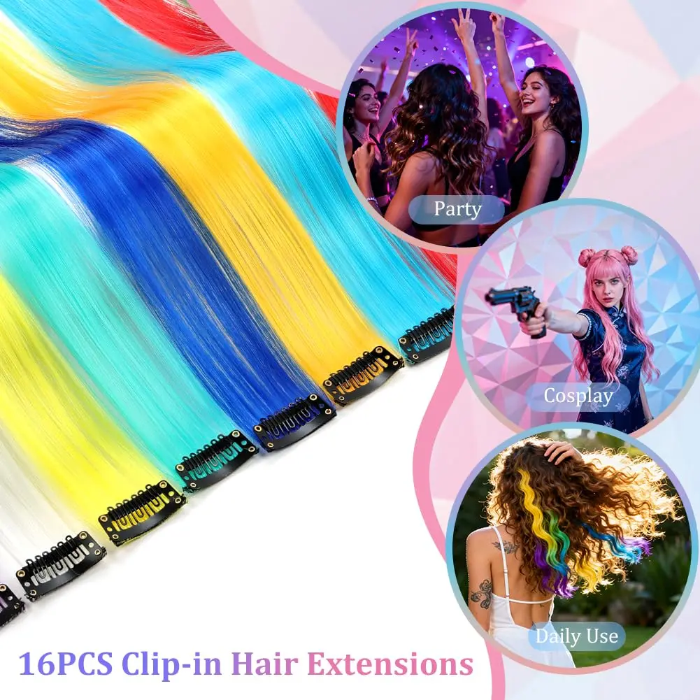This 16 piece black clip in hair extension set provides 55cm of heat resistant synthetic hair for creating unique hairstyles for parties, cosplay, or daily wear.