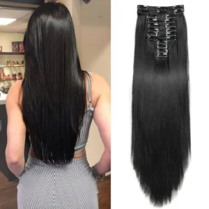 These 22 inch long, straight, natural black clip in hair extensions are made of heat resistant synthetic fiber, weigh 180 grams, and come in a 12 piece set for a full head of hair.