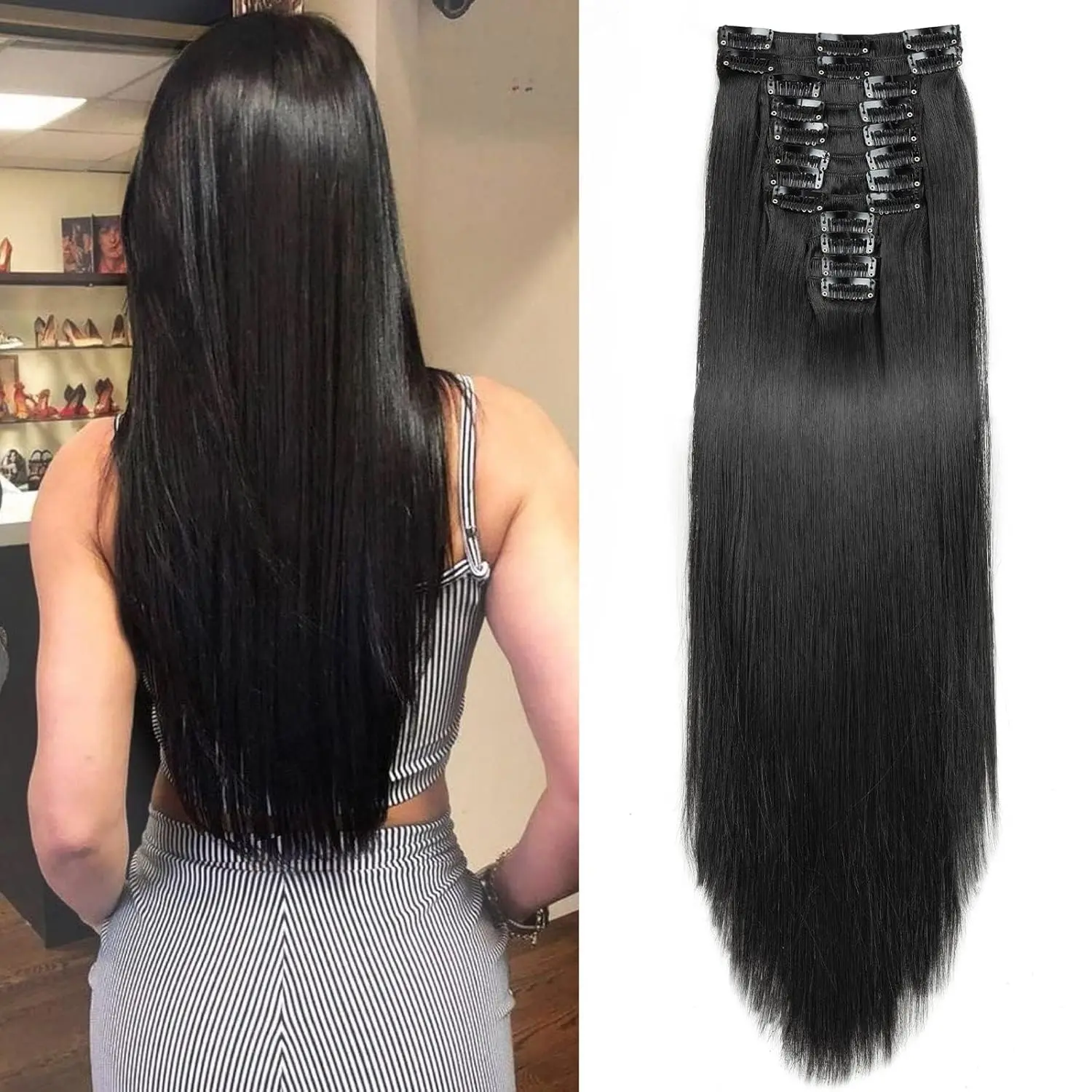 These 22 inch long, straight, natural black clip in hair extensions are made of heat resistant synthetic fiber, weigh 180 grams, and come in a 12 piece set for a full head of hair.