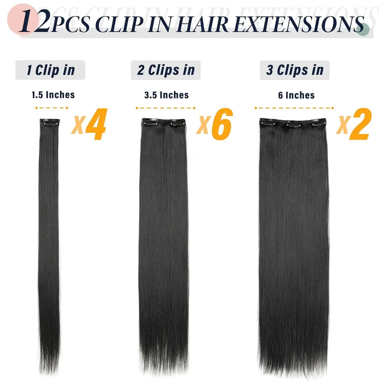 These 22 inch long, straight, natural black clip in hair extensions are made of heat resistant synthetic fiber, weigh 180 grams, and come in a 12 piece set for a full head of hair.