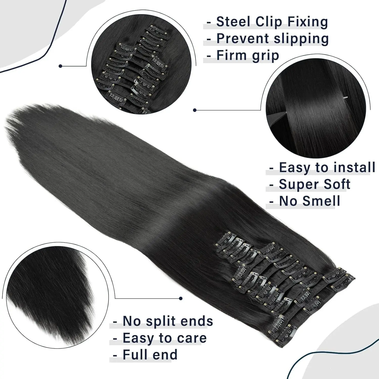 These 22 inch long, straight, natural black clip in hair extensions are made of heat resistant synthetic fiber, weigh 180 grams, and come in a 12 piece set for a full head of hair.