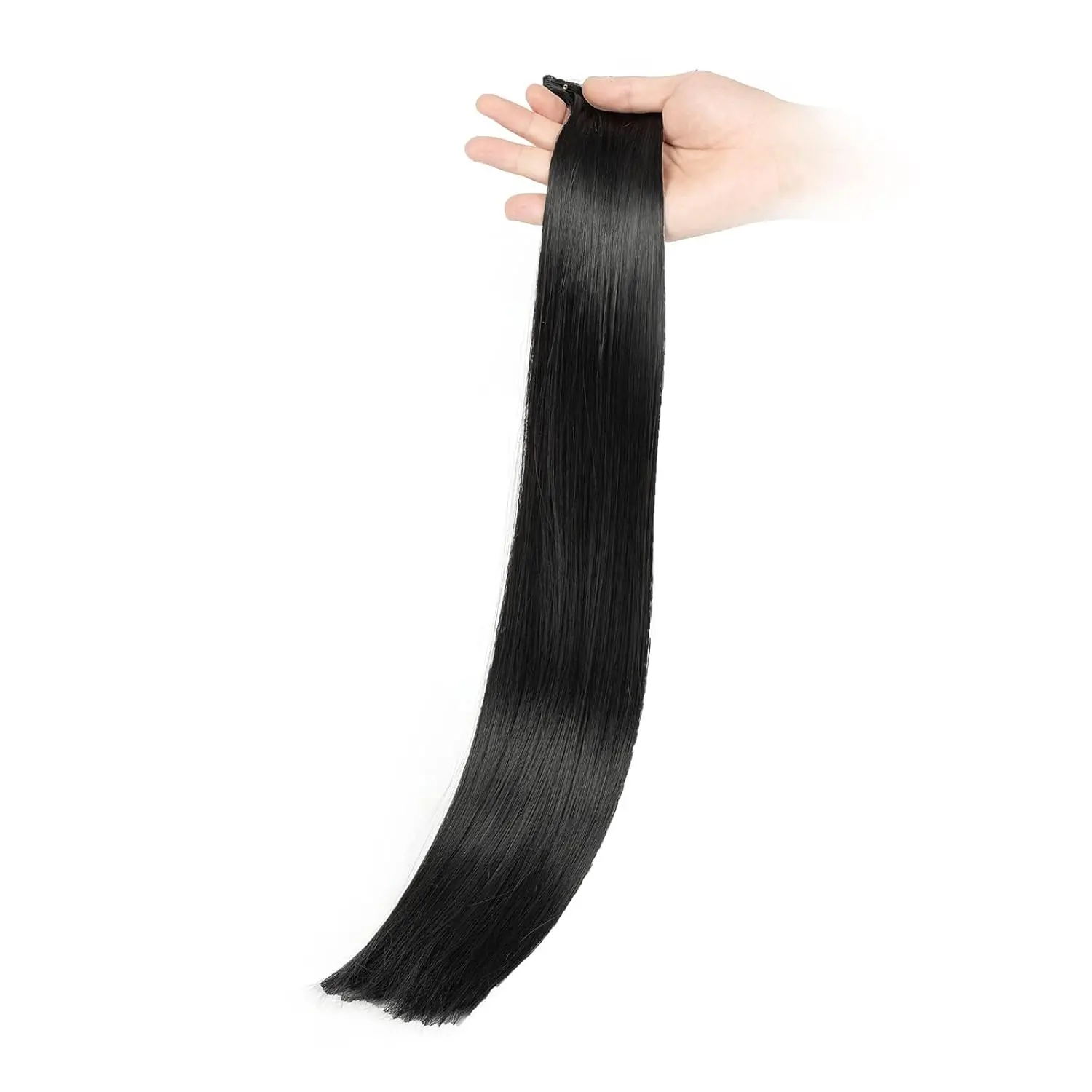 These 22 inch long, straight, natural black clip in hair extensions are made of heat resistant synthetic fiber, weigh 180 grams, and come in a 12 piece set for a full head of hair.