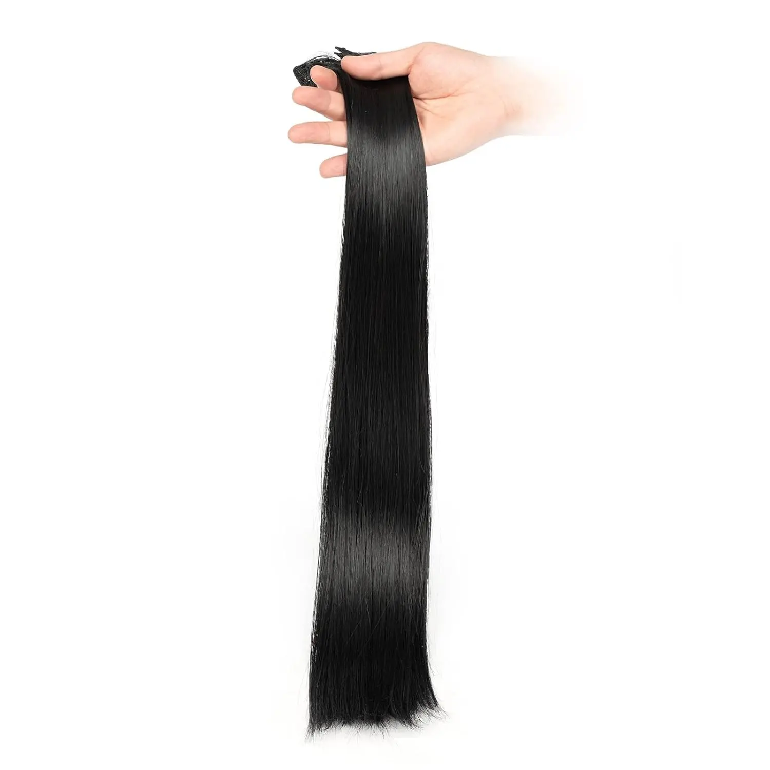 These 22 inch long, straight, natural black clip in hair extensions are made of heat resistant synthetic fiber, weigh 180 grams, and come in a 12 piece set for a full head of hair.
