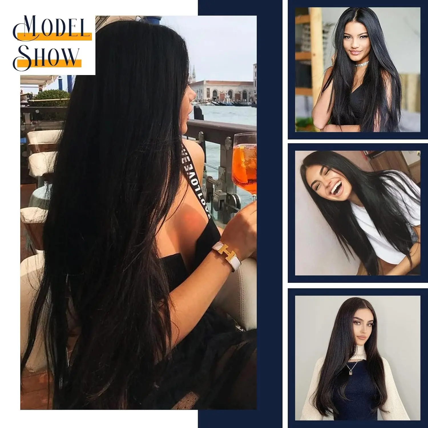 These 22 inch long, straight, natural black clip in hair extensions are made of heat resistant synthetic fiber, weigh 180 grams, and come in a 12 piece set for a full head of hair.