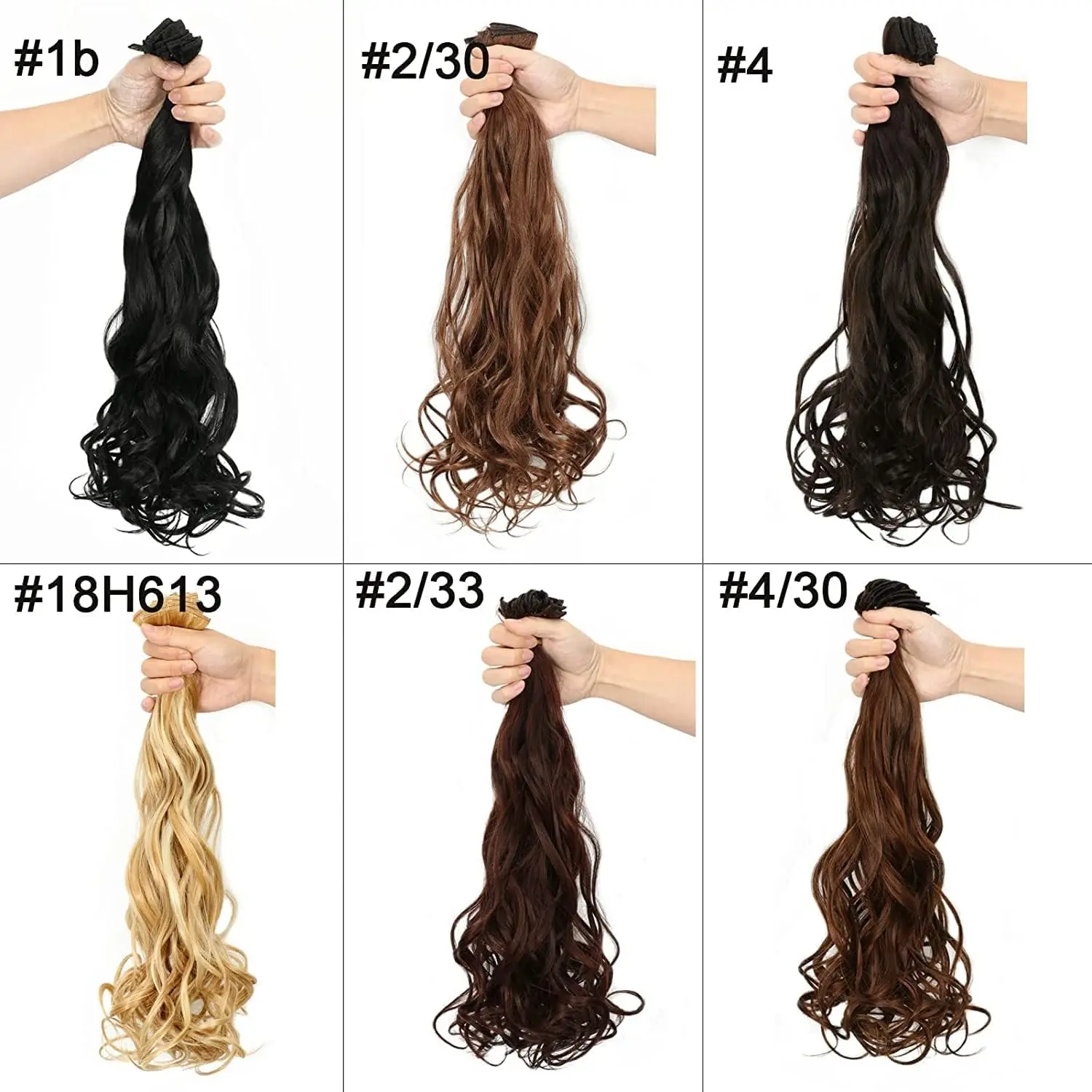 These 22 inch long, straight, natural black clip in hair extensions are made of heat resistant synthetic fiber, weigh 180 grams, and come in a 12 piece set for a full head of hair.