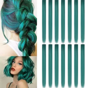 These teal blue clip in hair extensions are made of heat-resistant synthetic fiber and add instant colorful highlights to any hairstyle for parties, holidays, and everyday wear.