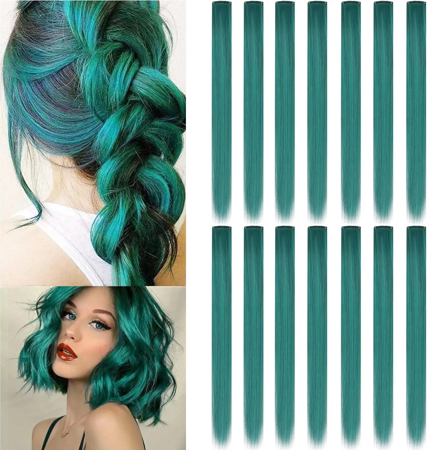 These teal blue clip in hair extensions are made of heat-resistant synthetic fiber and add instant colorful highlights to any hairstyle for parties, holidays, and everyday wear.