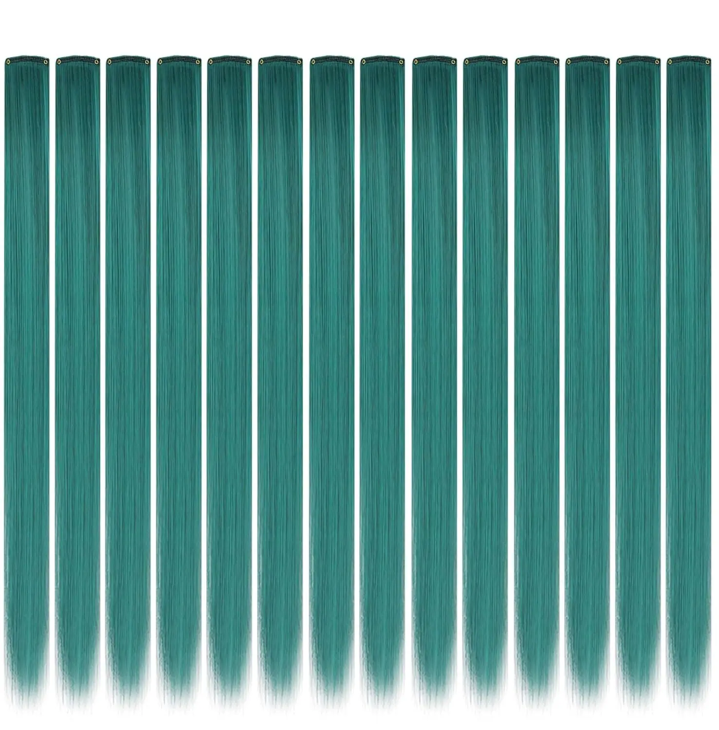 These teal blue clip in hair extensions are made of heat-resistant synthetic fiber and add instant colorful highlights to any hairstyle for parties, holidays, and everyday wear.