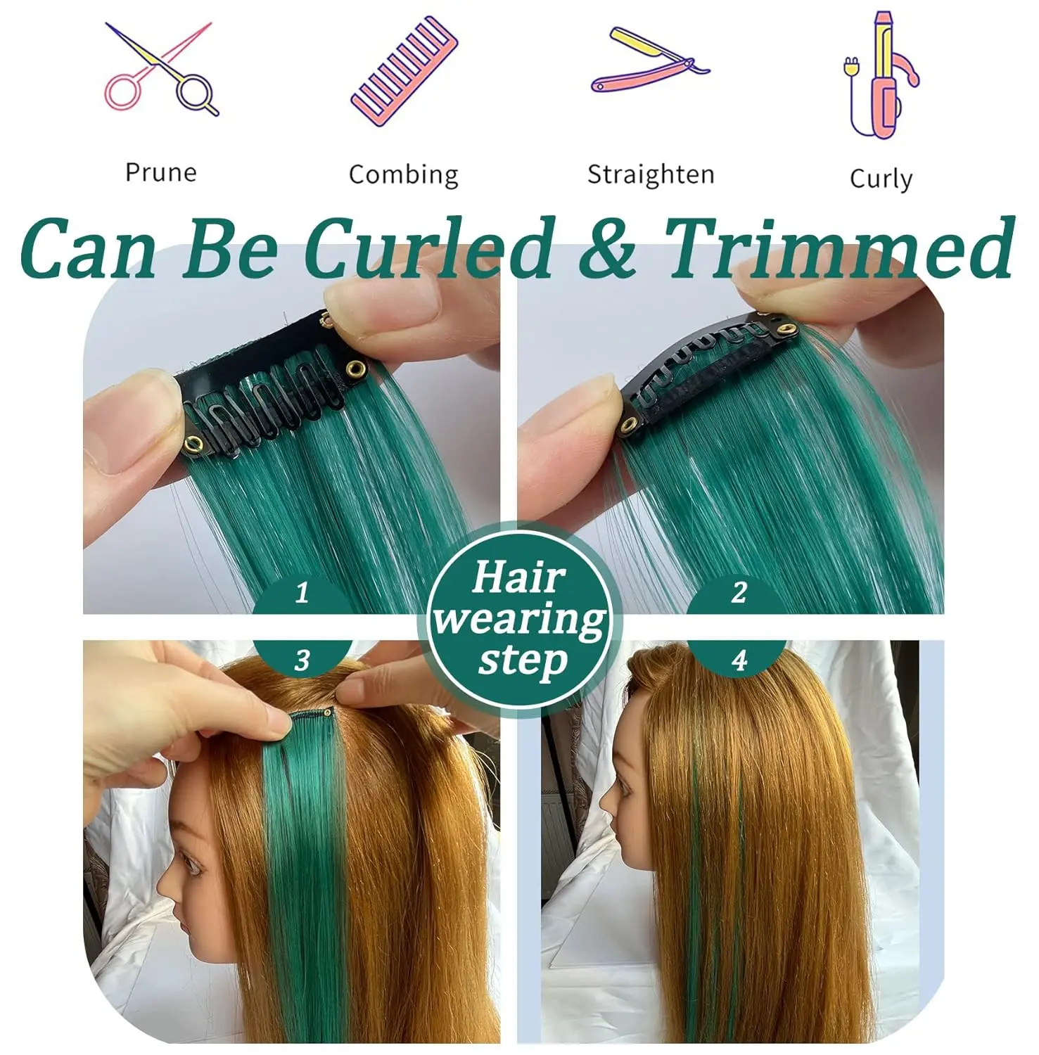 These teal blue clip in hair extensions are made of heat-resistant synthetic fiber and add instant colorful highlights to any hairstyle for parties, holidays, and everyday wear.