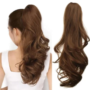 Light brown clip-in ponytail extension gives you long, curly hair in seconds.