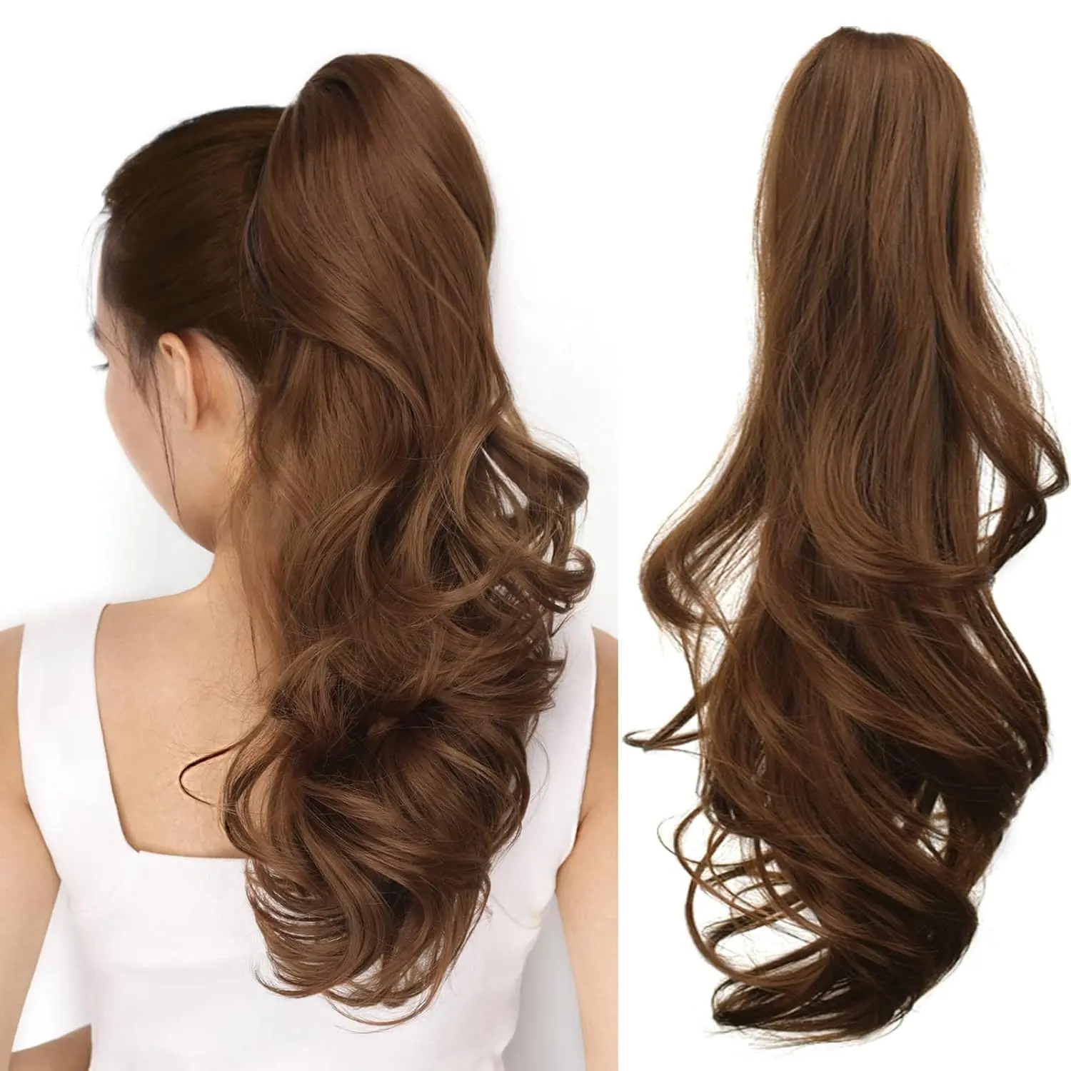 Light brown clip-in ponytail extension gives you long, curly hair in seconds.