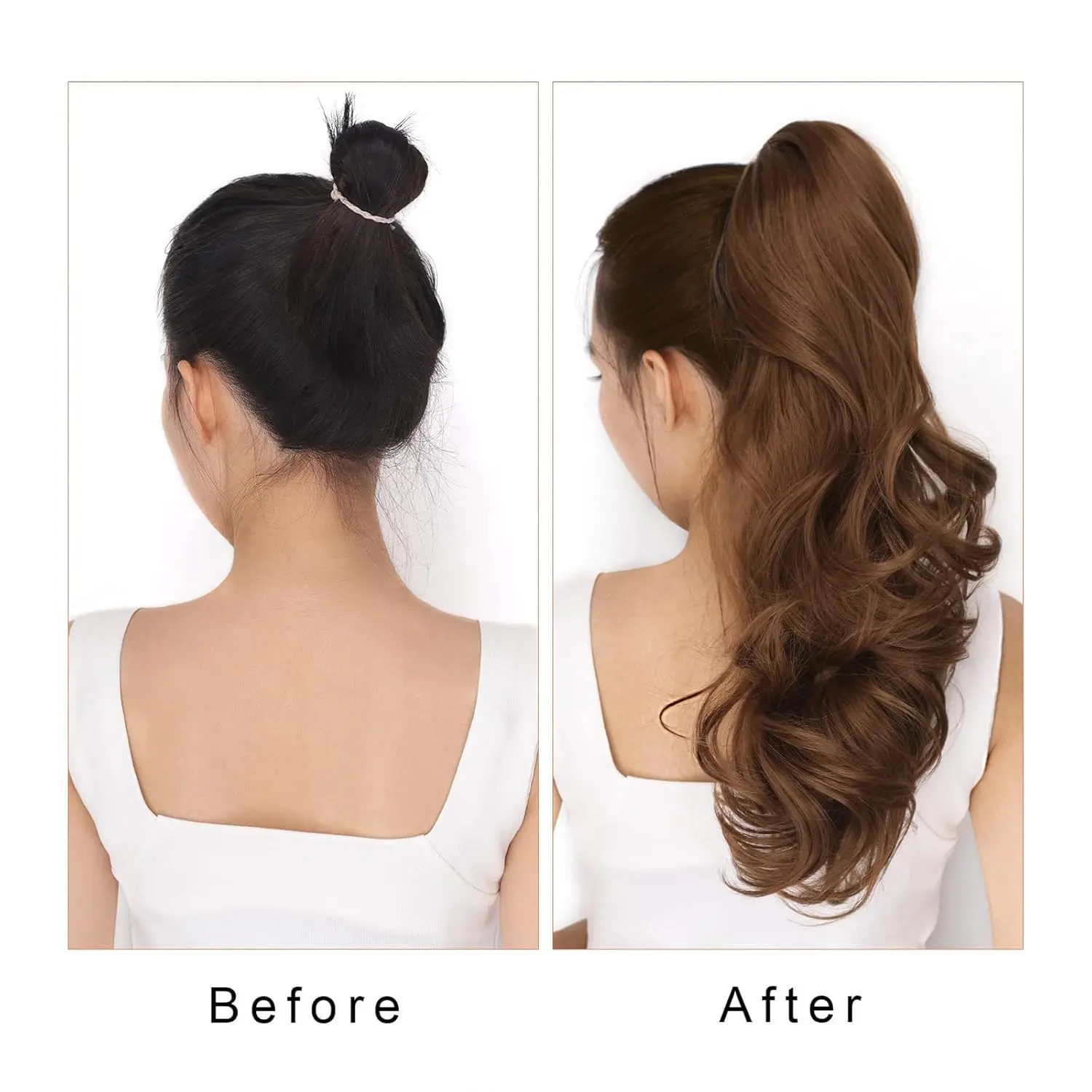 Light brown clip-in ponytail extension gives you long, curly hair in seconds.