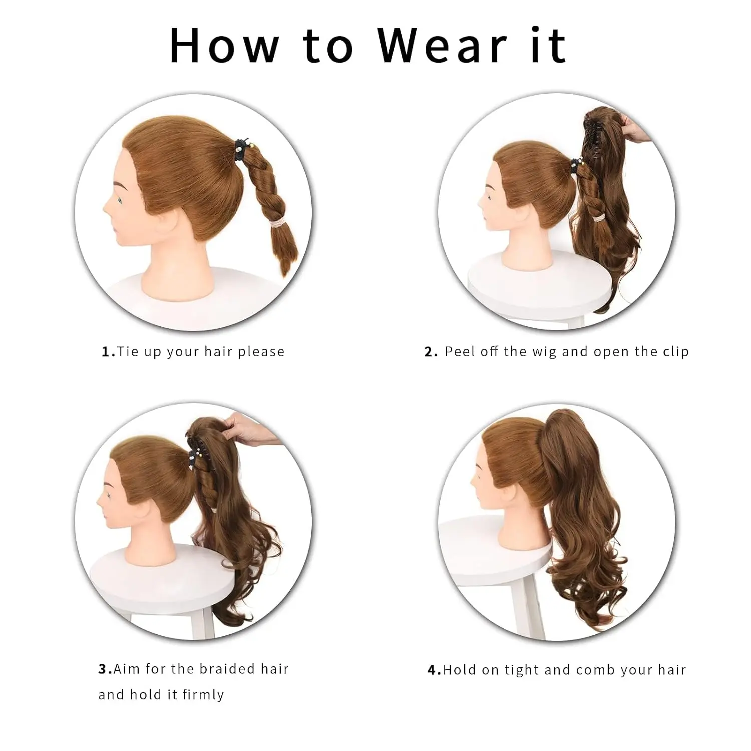Light brown clip-in ponytail extension gives you long, curly hair in seconds.