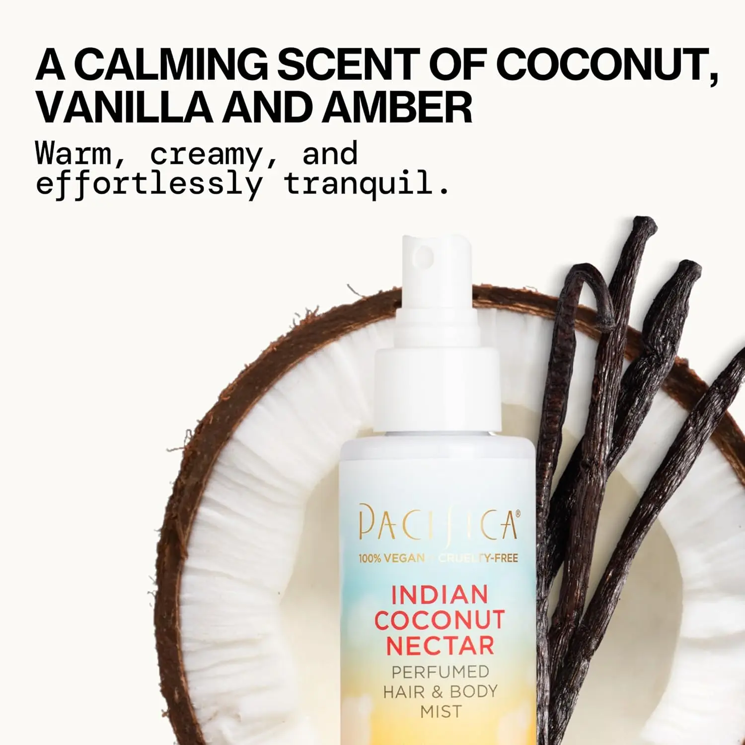 Pacifica Indian Coconut Nectar body mist offers a warm, sultry blend of coconut and creamy vanilla scent with natural and essential oils, alcohol-free, vegan, and cruelty-free formula.