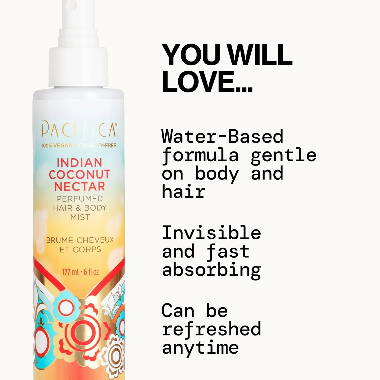 Pacifica Indian Coconut Nectar body mist offers a warm, sultry blend of coconut and creamy vanilla scent with natural and essential oils, alcohol-free, vegan, and cruelty-free formula.