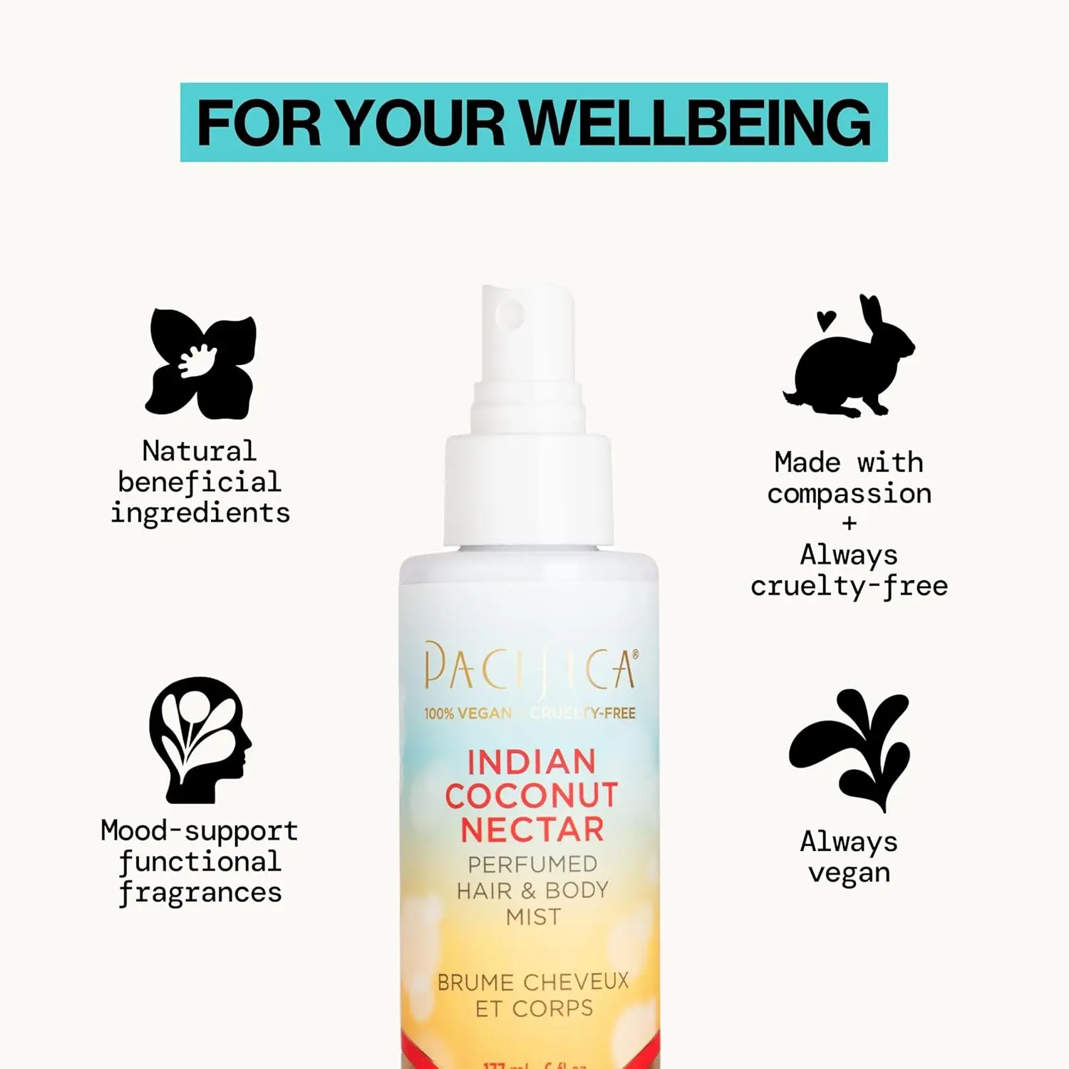 Pacifica Indian Coconut Nectar body mist offers a warm, sultry blend of coconut and creamy vanilla scent with natural and essential oils, alcohol-free, vegan, and cruelty-free formula.