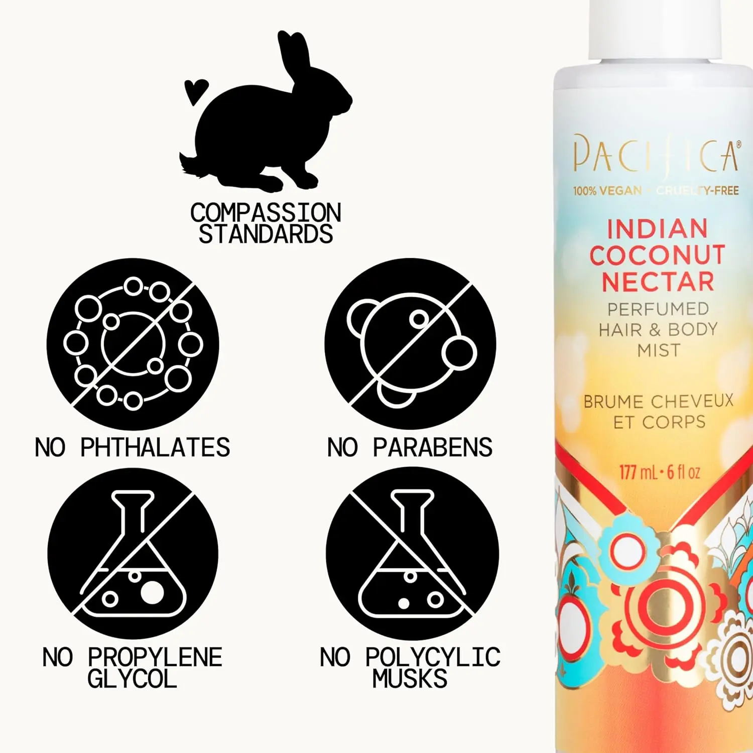 Pacifica Indian Coconut Nectar body mist offers a warm, sultry blend of coconut and creamy vanilla scent with natural and essential oils, alcohol-free, vegan, and cruelty-free formula.
