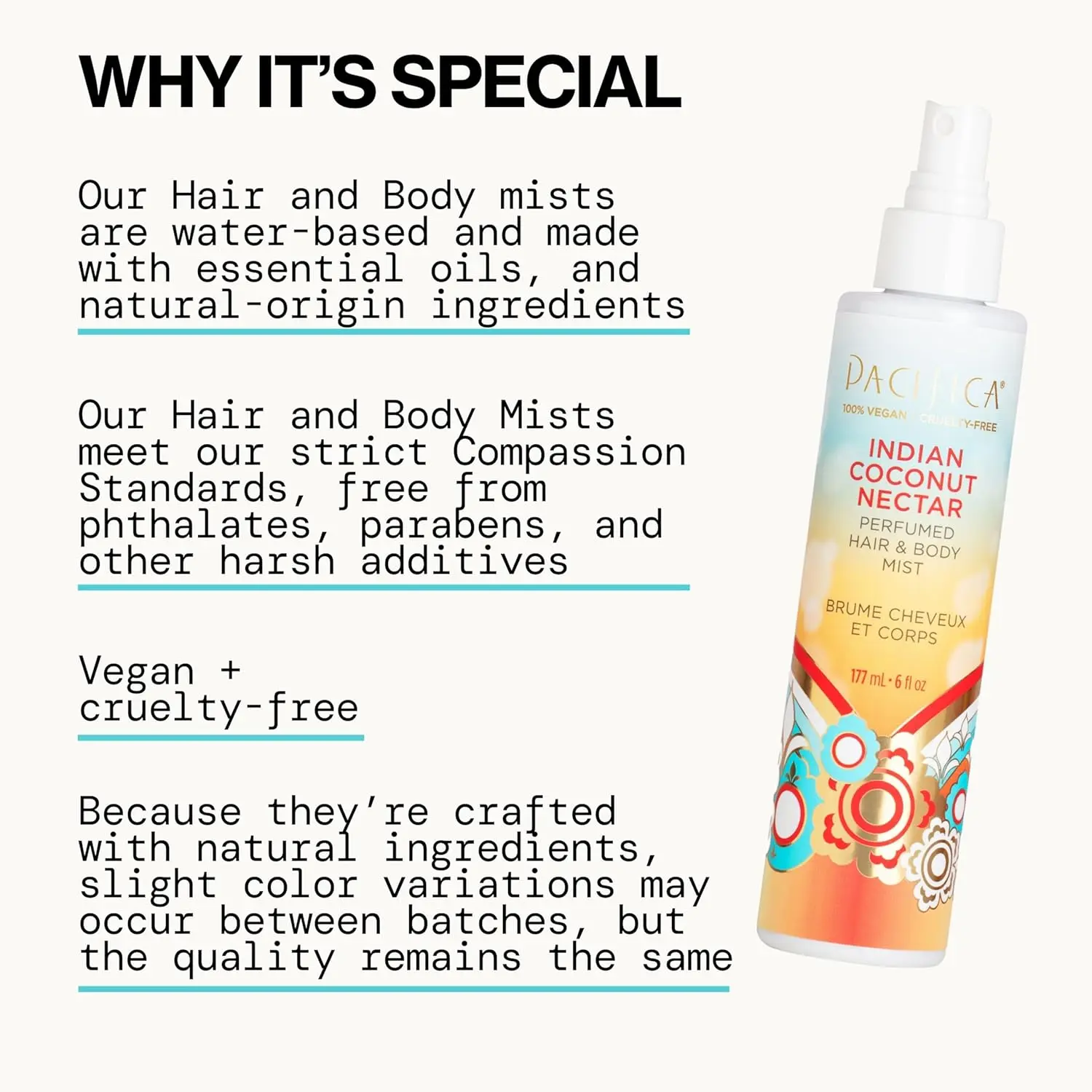 Pacifica Indian Coconut Nectar body mist offers a warm, sultry blend of coconut and creamy vanilla scent with natural and essential oils, alcohol-free, vegan, and cruelty-free formula.