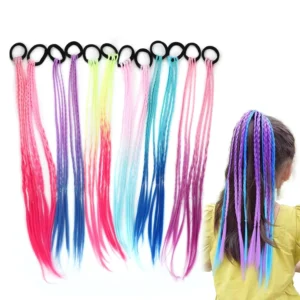 Twelve colorful rainbow braided ponytail extensions with elastic bands, perfect for adding a fun, vibrant touch to girls' hair for crazy hair day or parties.