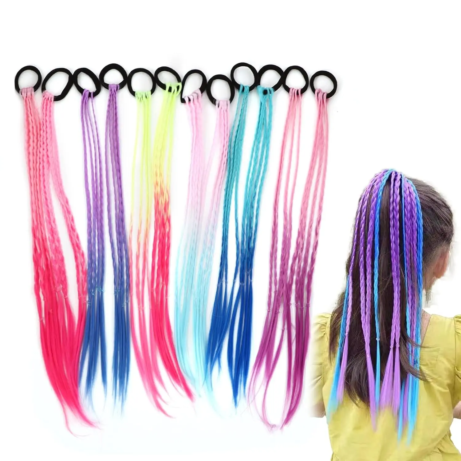 Twelve colorful rainbow braided ponytail extensions with elastic bands, perfect for adding a fun, vibrant touch to girls' hair for crazy hair day or parties.