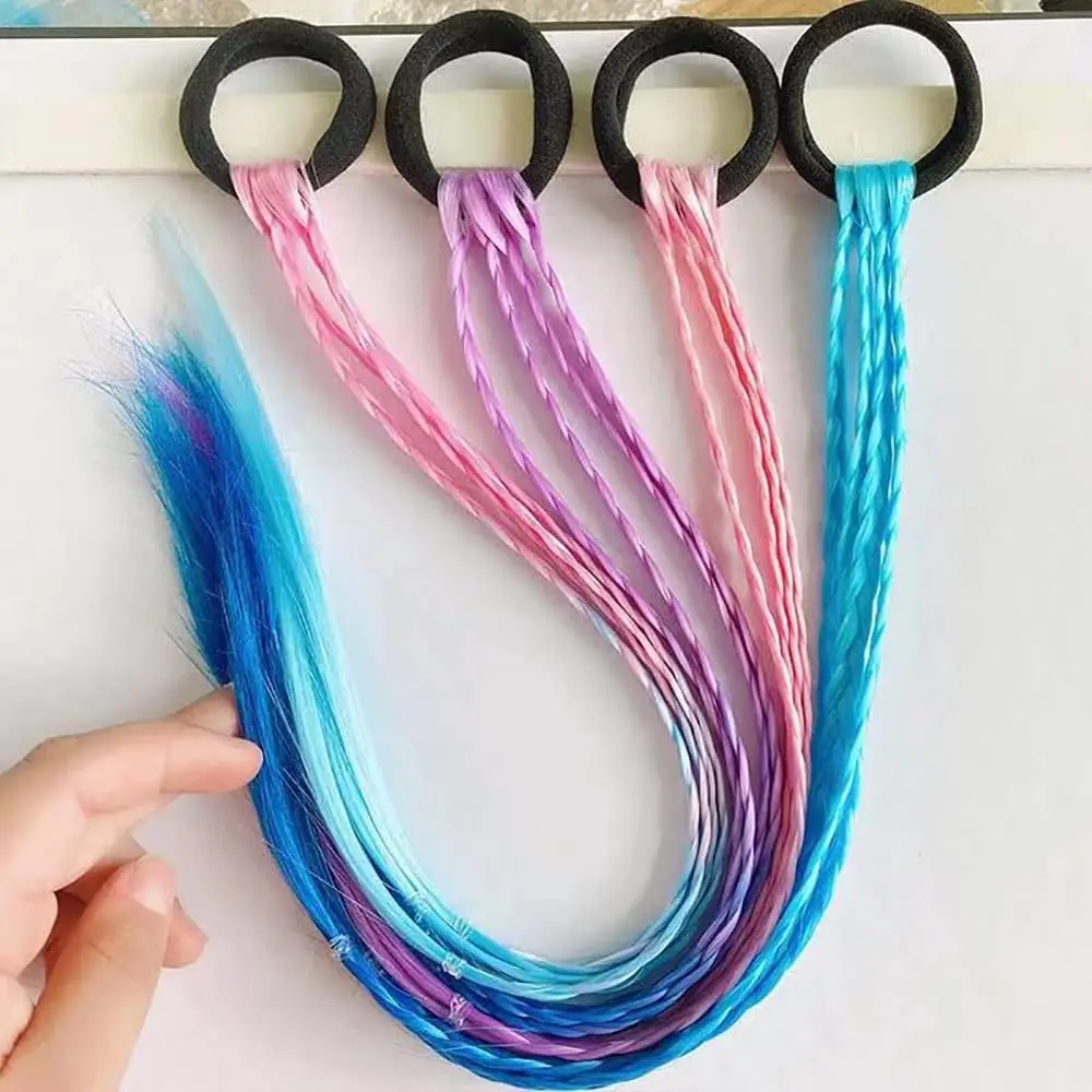 Twelve colorful rainbow braided ponytail extensions with elastic bands, perfect for adding a fun, vibrant touch to girls' hair for crazy hair day or parties.