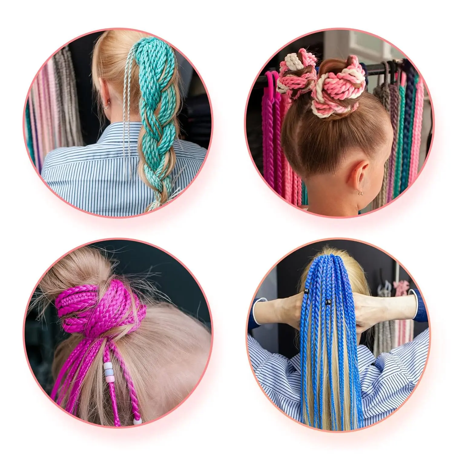 Twelve colorful rainbow braided ponytail extensions with elastic bands, perfect for adding a fun, vibrant touch to girls' hair for crazy hair day or parties.