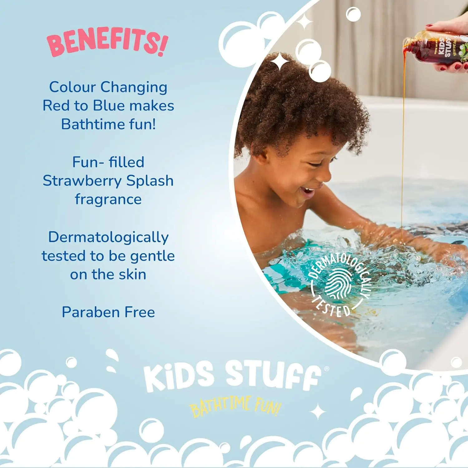 Kids Stuff Crazy Soap colour changing bubble bath transforms from red to blue in warm water, creating a fun and magical bath time experience for children.