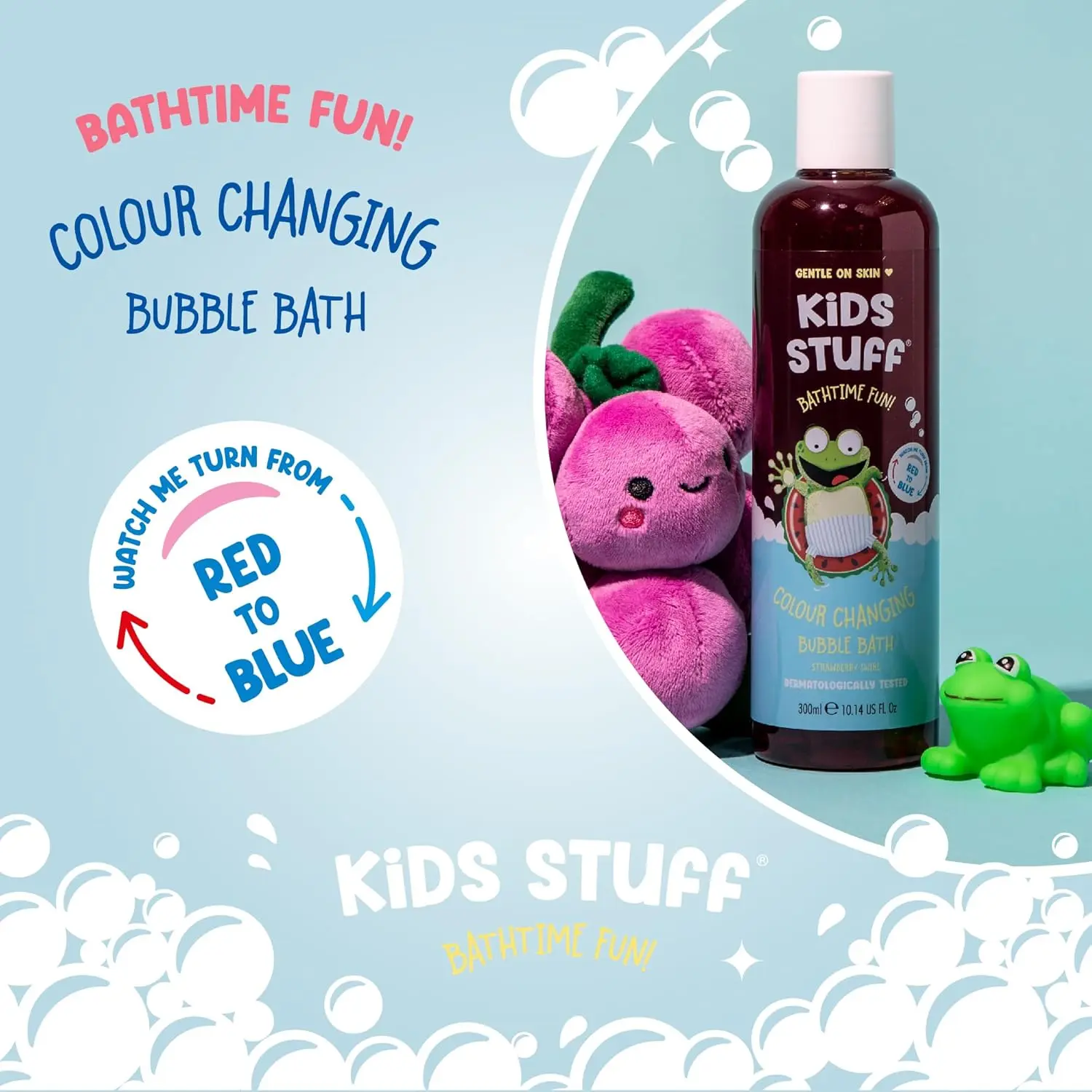 Kids Stuff Crazy Soap colour changing bubble bath transforms from red to blue in warm water, creating a fun and magical bath time experience for children.