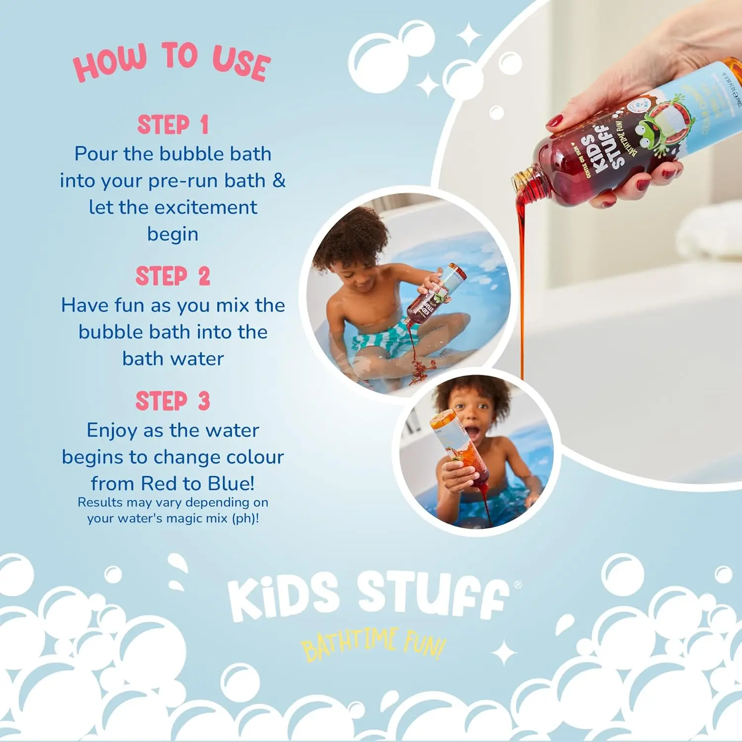 Kids Stuff Crazy Soap colour changing bubble bath transforms from red to blue in warm water, creating a fun and magical bath time experience for children.