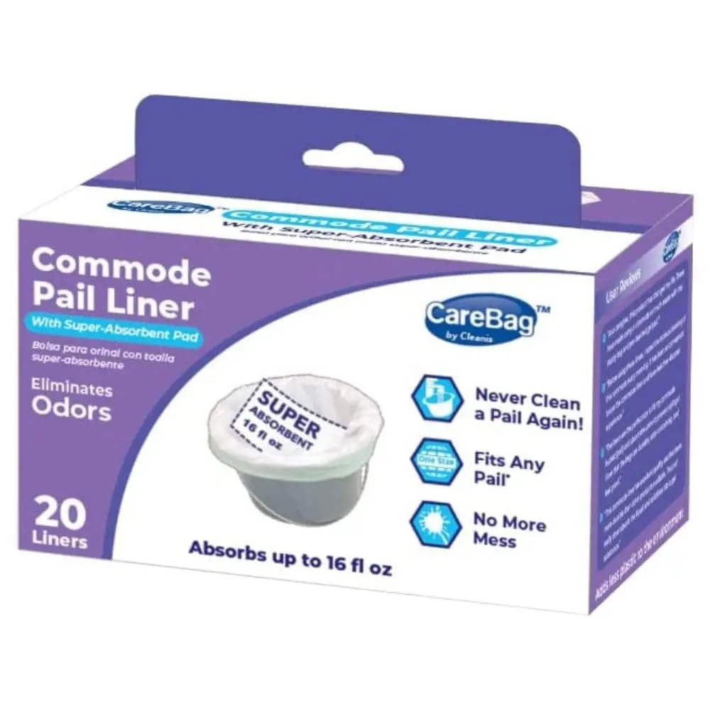 Disposable commode liner bag with absorbent pad prevents leaks, spills, and nasty odors.