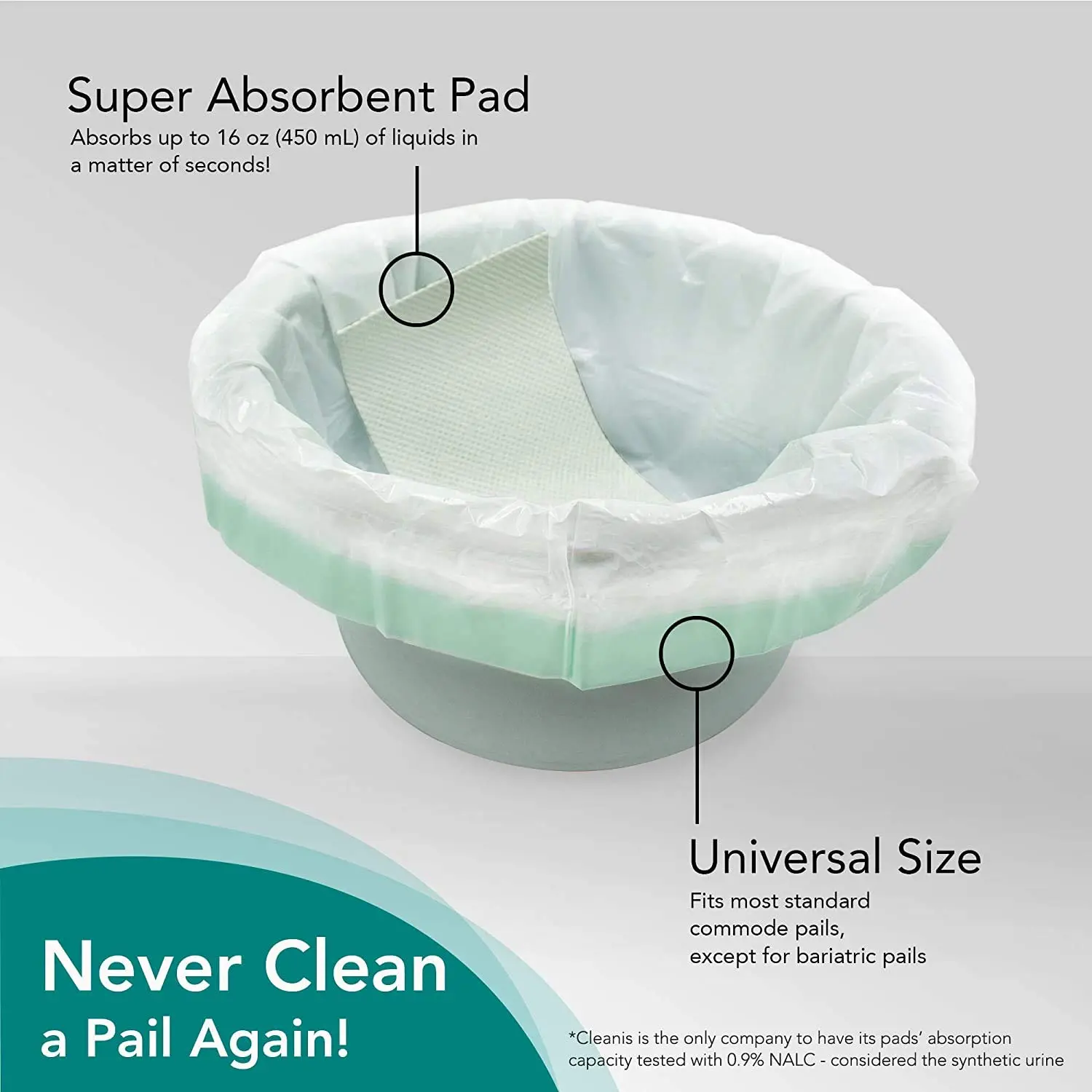 Disposable commode liner bag with absorbent pad prevents leaks, spills, and nasty odors.