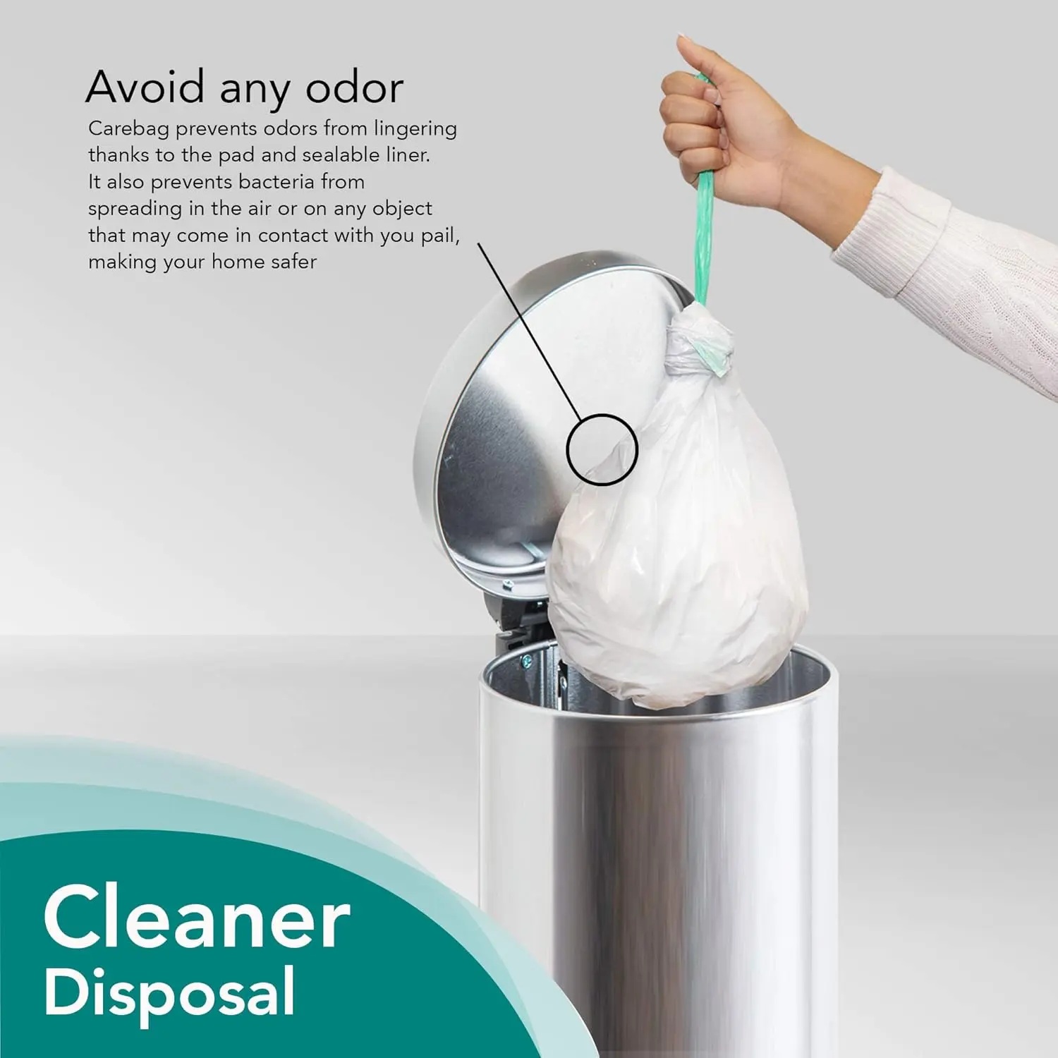 Disposable commode liner bag with absorbent pad prevents leaks, spills, and nasty odors.