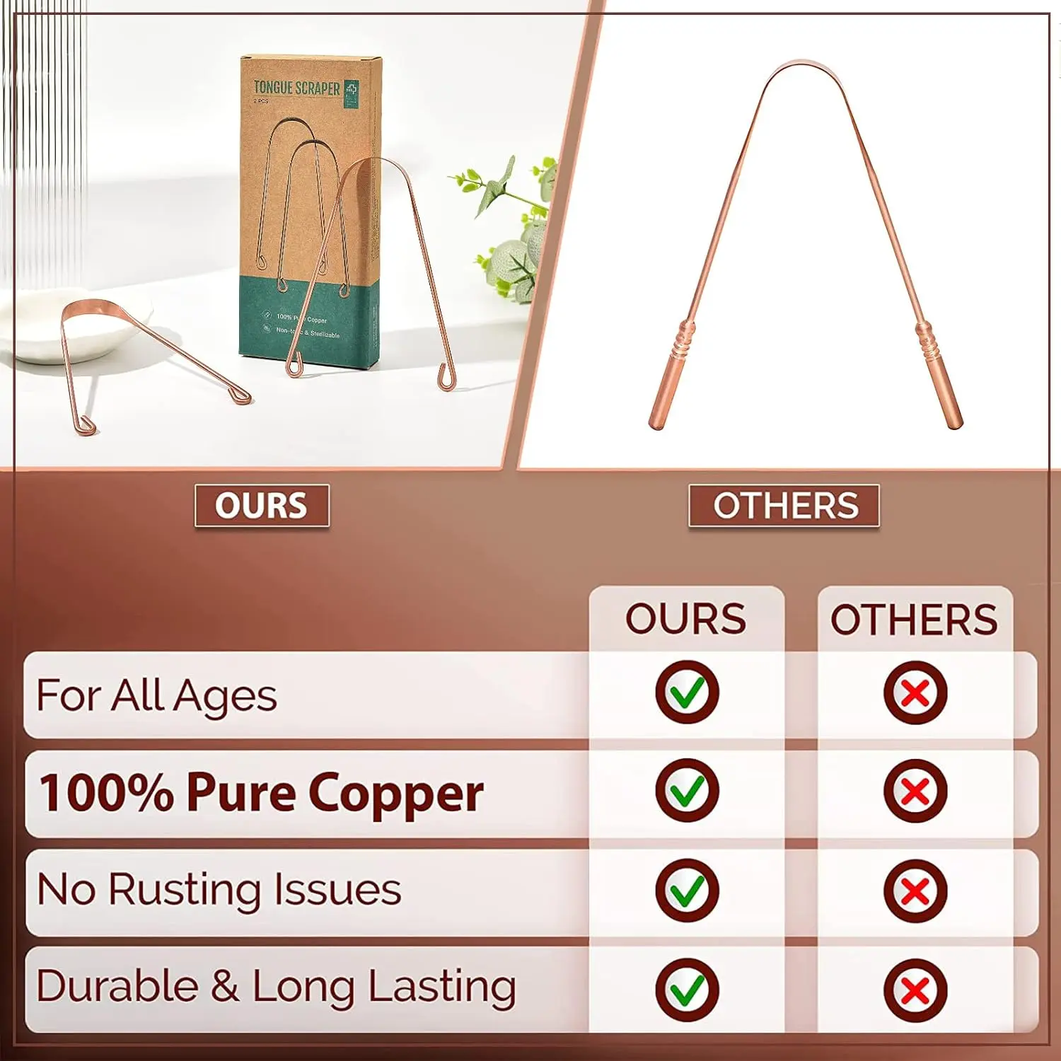 Copper Tongue Scraper Cleaner Brush 2 Pcs - Image 2