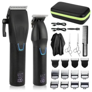 Complete cordless hair clipper and trimmer kit for men, featuring a rechargeable clipper with LED display, multiple guide combs, barber scissors and a straight razor for professional haircuts at home.