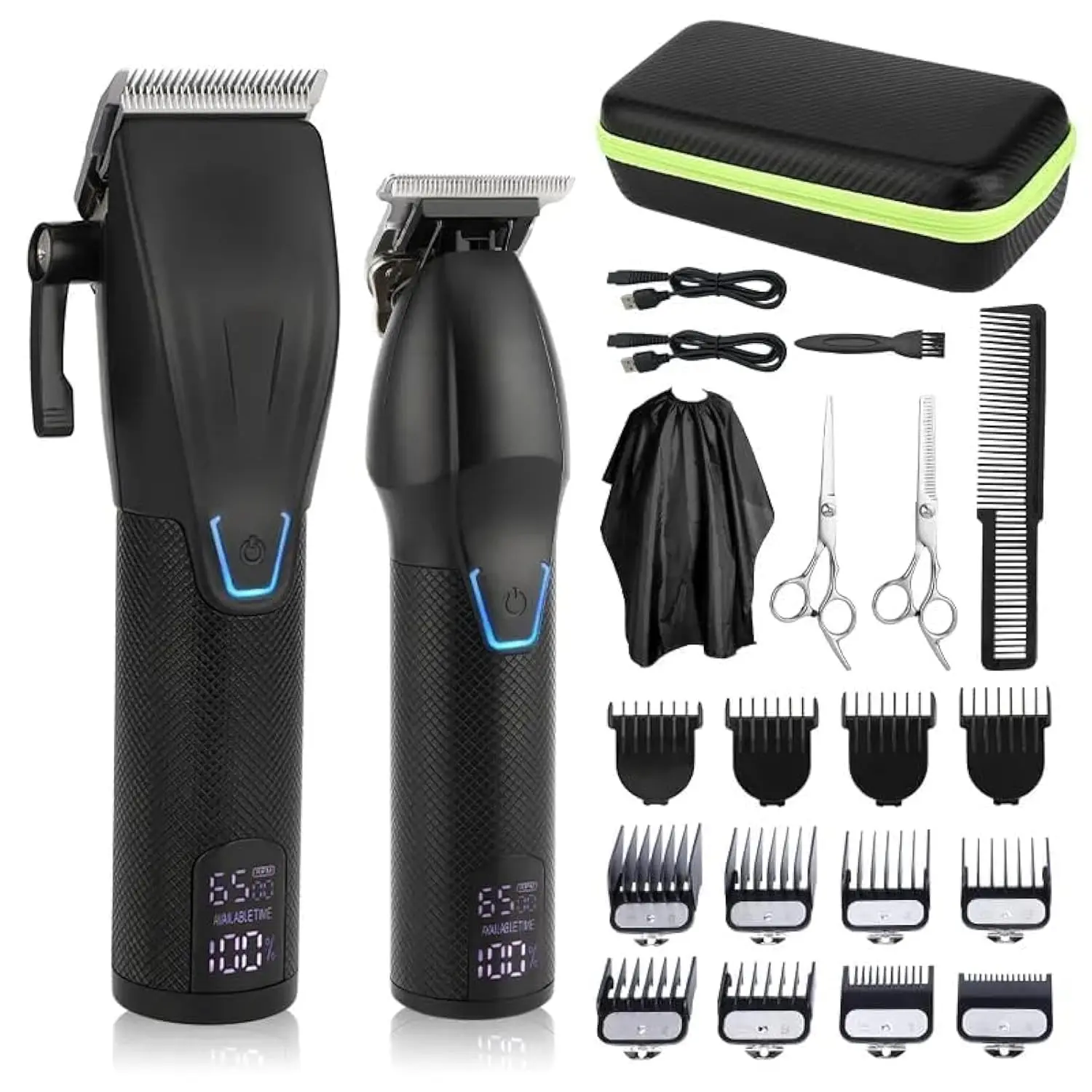 Complete cordless hair clipper and trimmer kit for men, featuring a rechargeable clipper with LED display, multiple guide combs, barber scissors and a straight razor for professional haircuts at home.