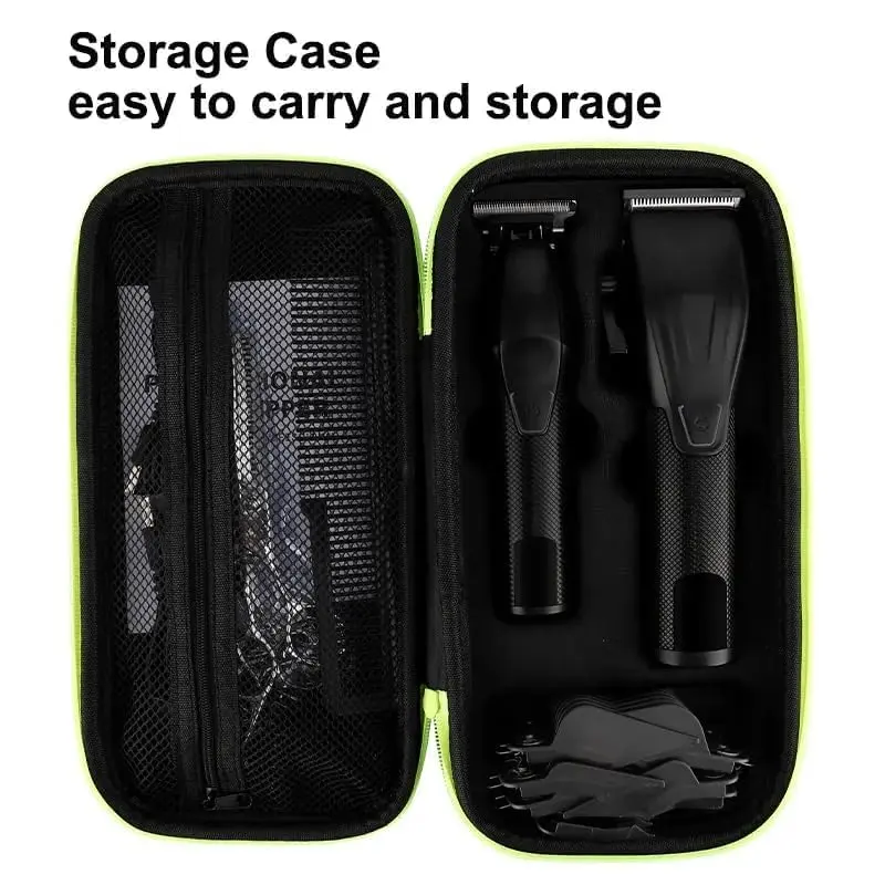 Complete cordless hair clipper and trimmer kit for men, featuring a rechargeable clipper with LED display, multiple guide combs, barber scissors and a straight razor for professional haircuts at home.