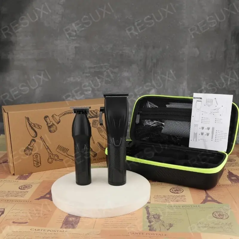 Complete cordless hair clipper and trimmer kit for men, featuring a rechargeable clipper with LED display, multiple guide combs, barber scissors and a straight razor for professional haircuts at home.