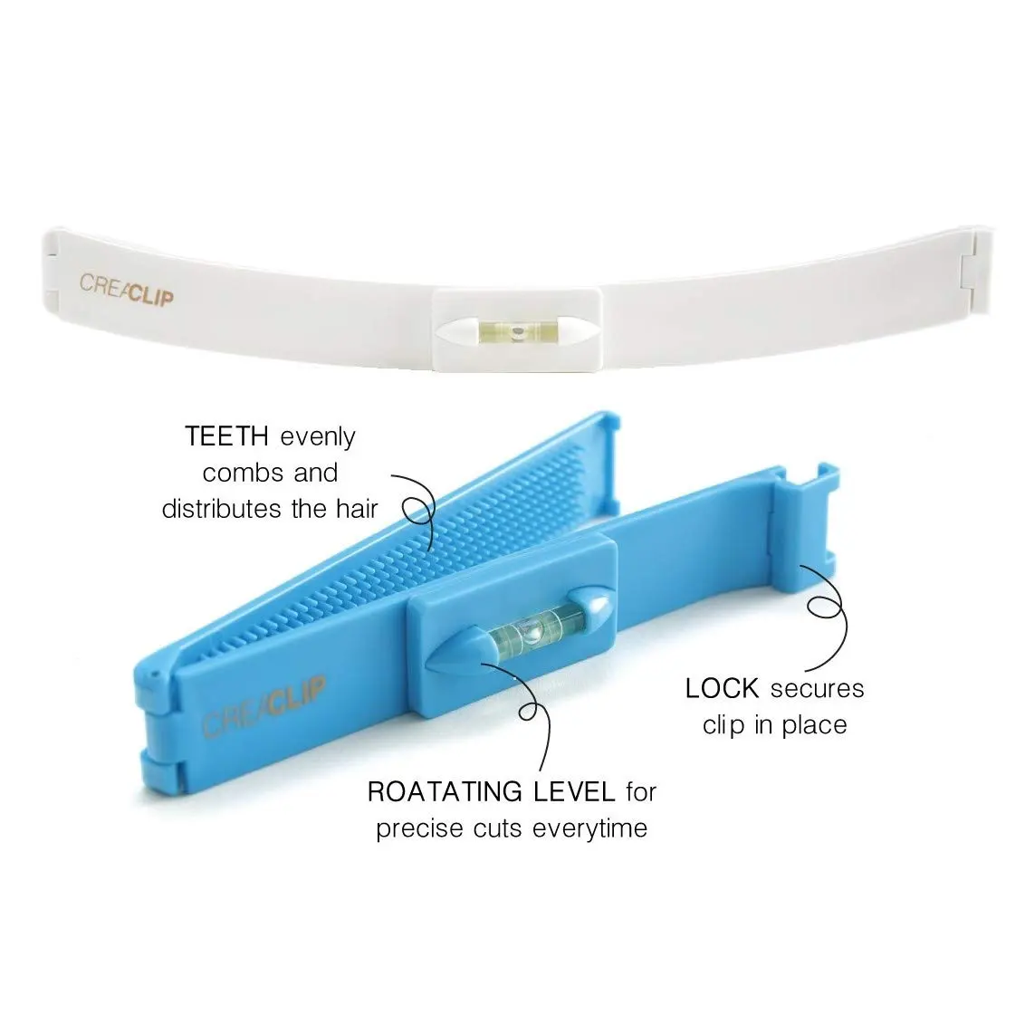 This image shows the CreaClip set and scissors by CreaProducts, a DIY hair cutting tool for styling layers, bangs, bobs and trims at home.