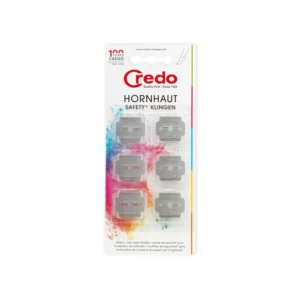 Pack of six replacement CREDO callus shaver blades made in Solingen, Germany, featuring a safety design with a plastic case to minimise injury risk.