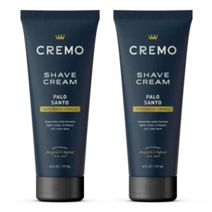 Two tubes of Cremo Palo Santo shave cream offering an ultra-slick shave with a premium scent to fight nicks and razor burn.
