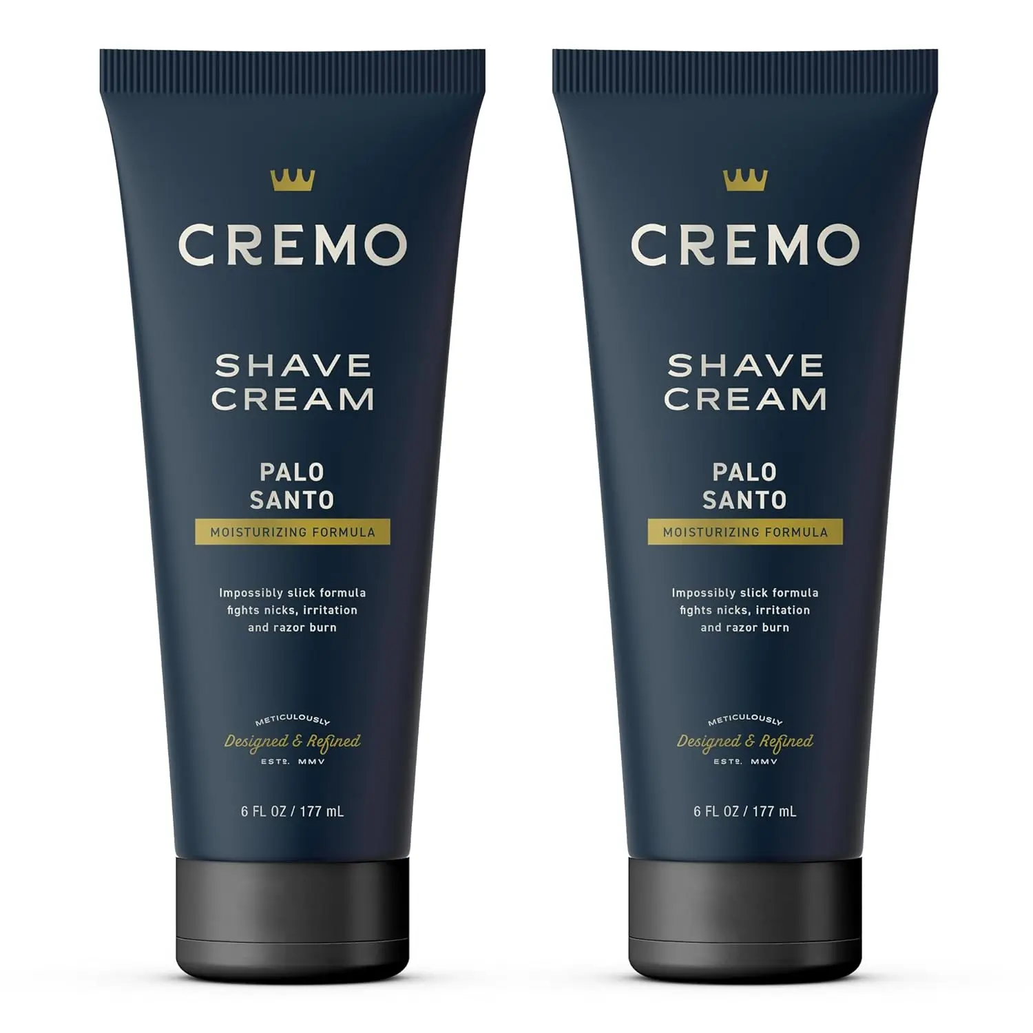 Two tubes of Cremo Palo Santo shave cream offering an ultra-slick shave with a premium scent to fight nicks and razor burn.