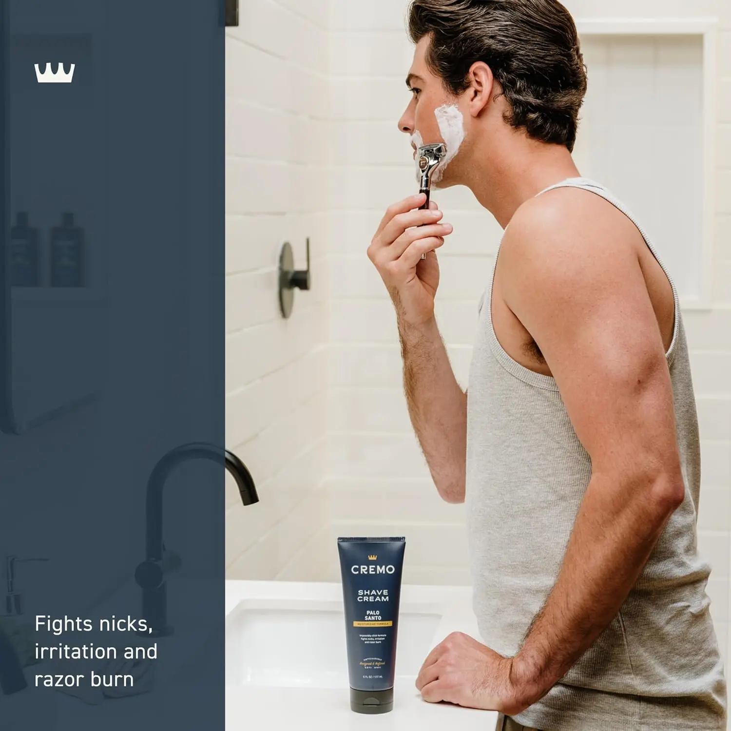 Two tubes of Cremo Palo Santo shave cream offering an ultra-slick shave with a premium scent to fight nicks and razor burn.