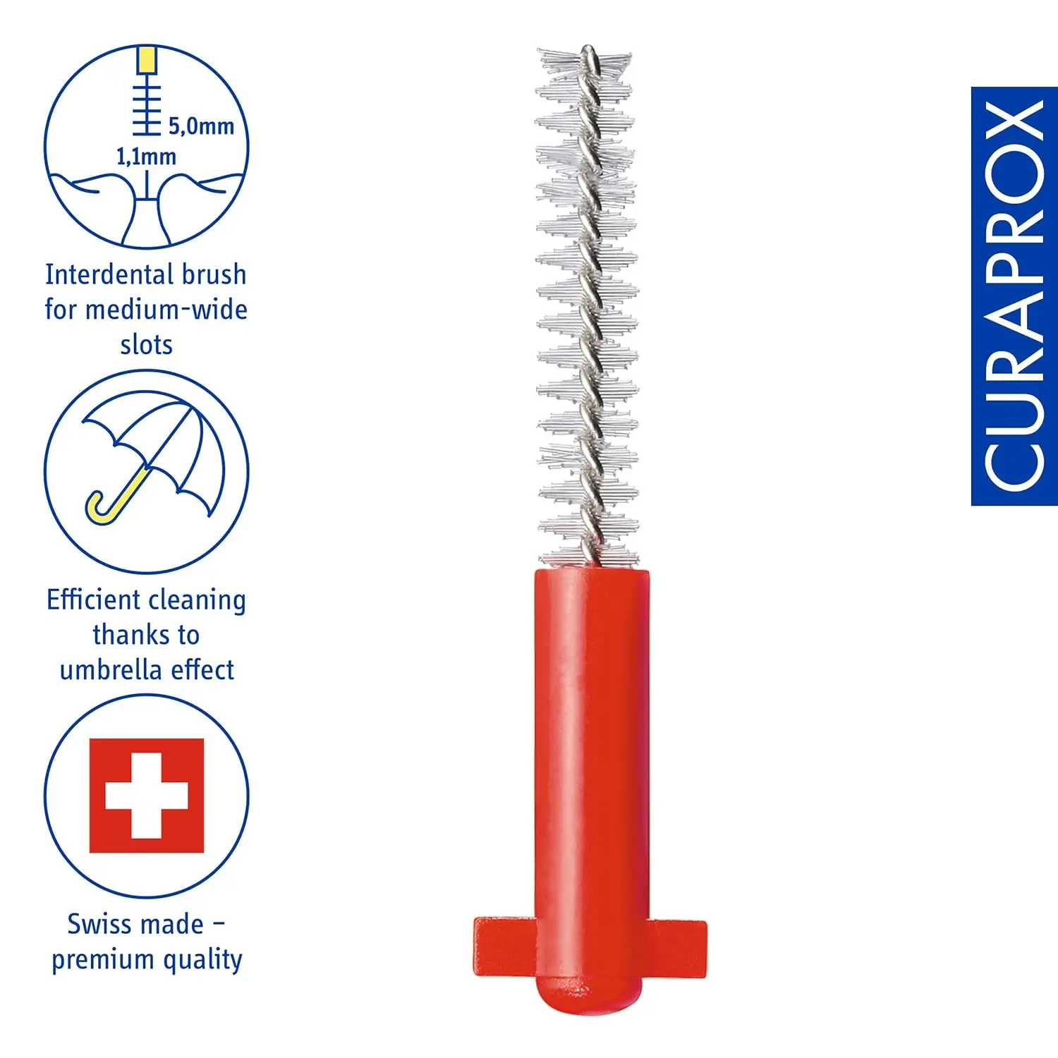 Eight red Curaprox CPS 07 Prime interdental brush refills with ultra-fine 0.7mm bristles for effective cleaning and plaque removal in tight spaces.