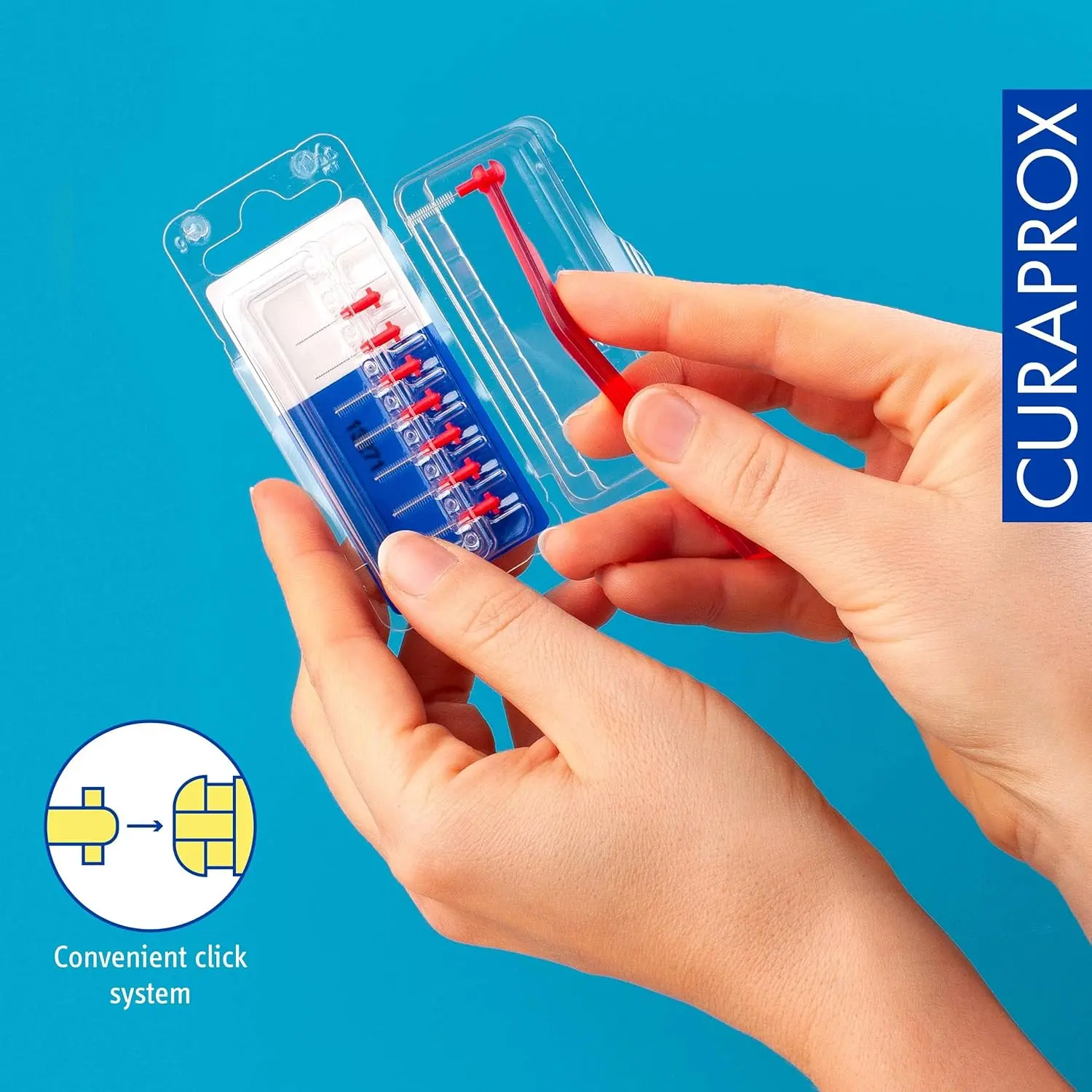 Eight red Curaprox CPS 07 Prime interdental brush refills with ultra-fine 0.7mm bristles for effective cleaning and plaque removal in tight spaces.