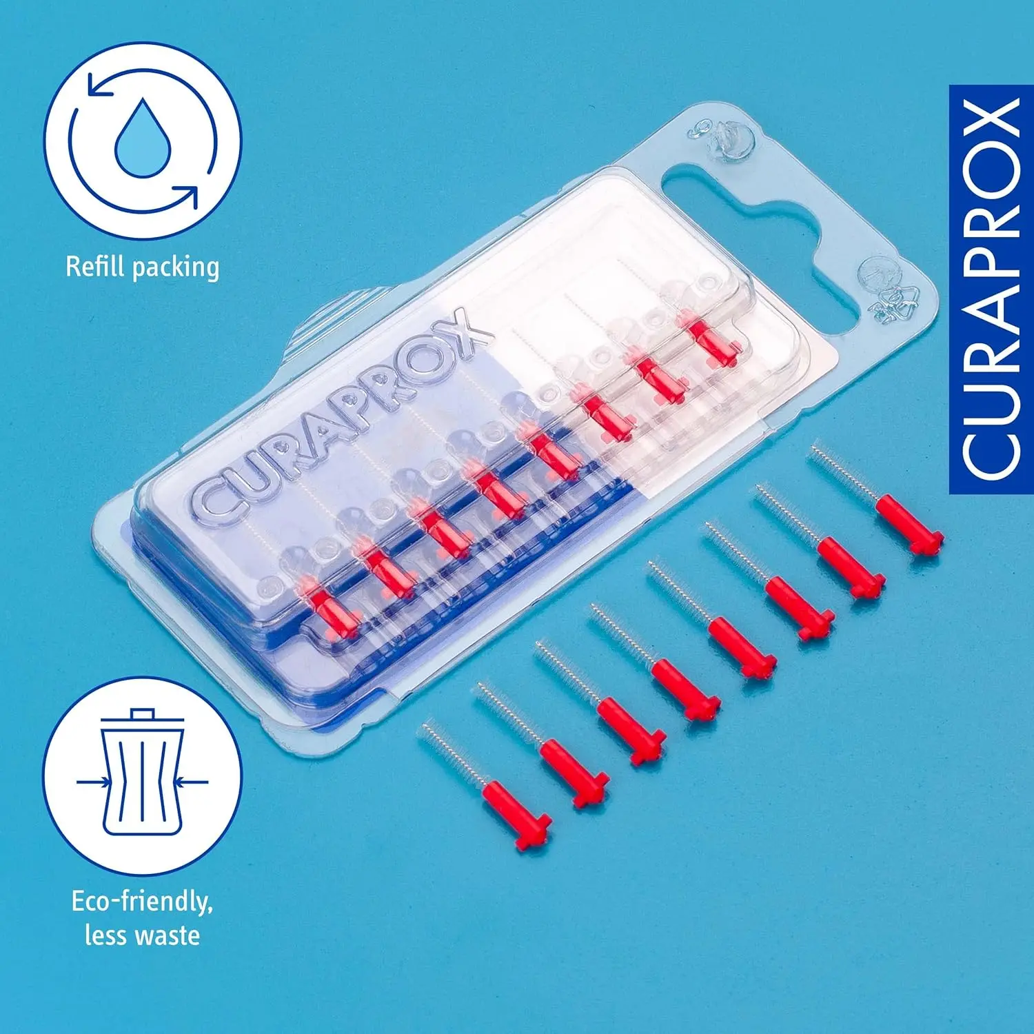 Eight red Curaprox CPS 07 Prime interdental brush refills with ultra-fine 0.7mm bristles for effective cleaning and plaque removal in tight spaces.