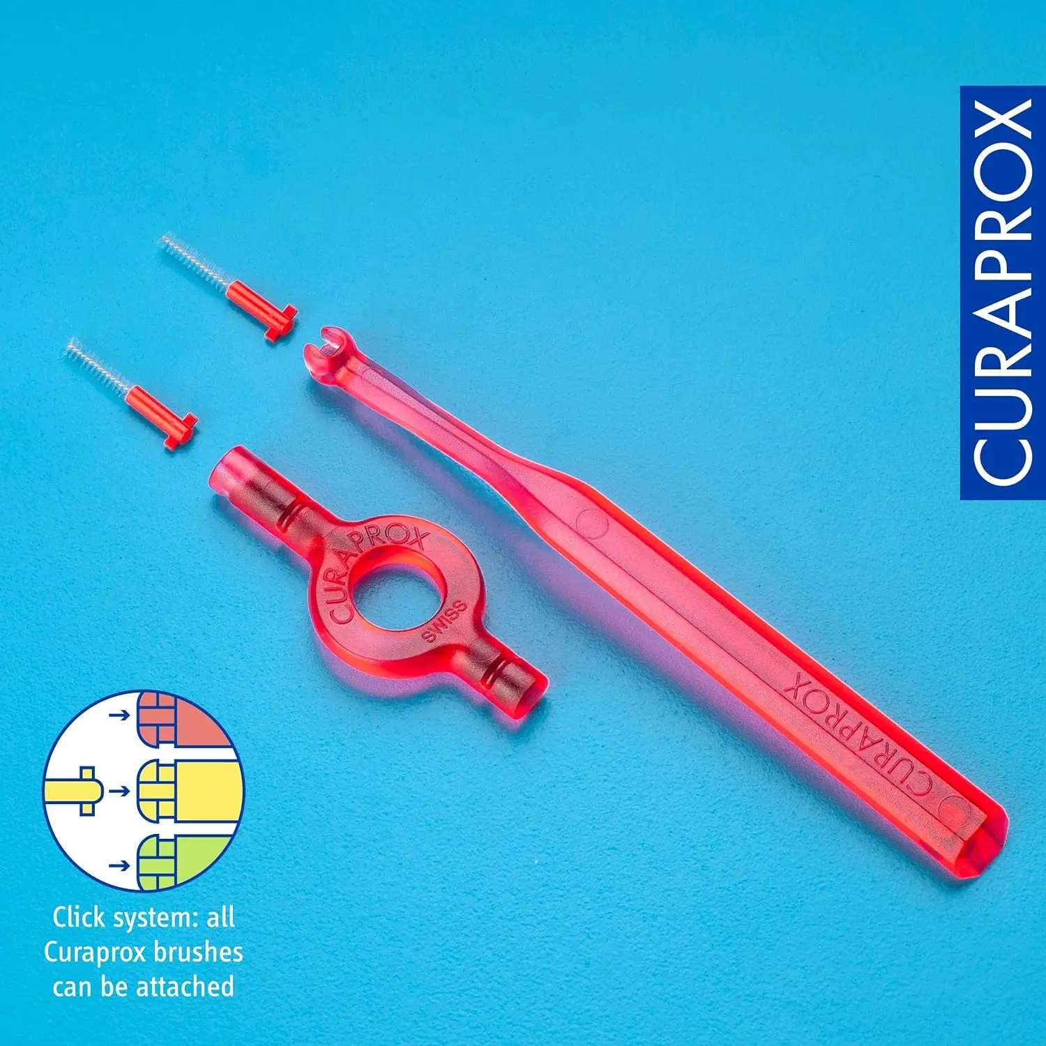 Eight red Curaprox CPS 07 Prime interdental brush refills with ultra-fine 0.7mm bristles for effective cleaning and plaque removal in tight spaces.